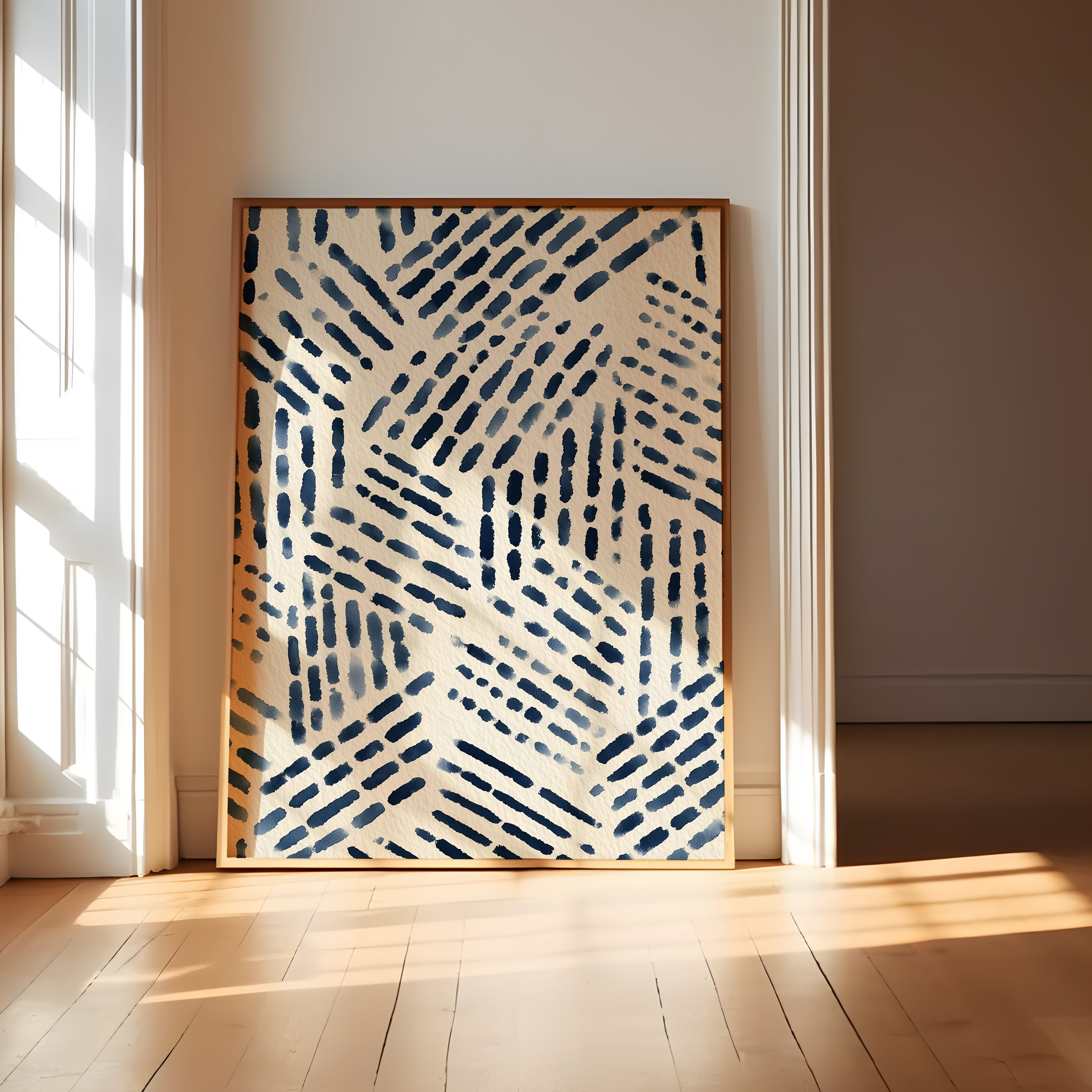 Navy Blue Abstract Art - Mid Century Textile Print | Hand Drawn Ink & Watercolor Pattern