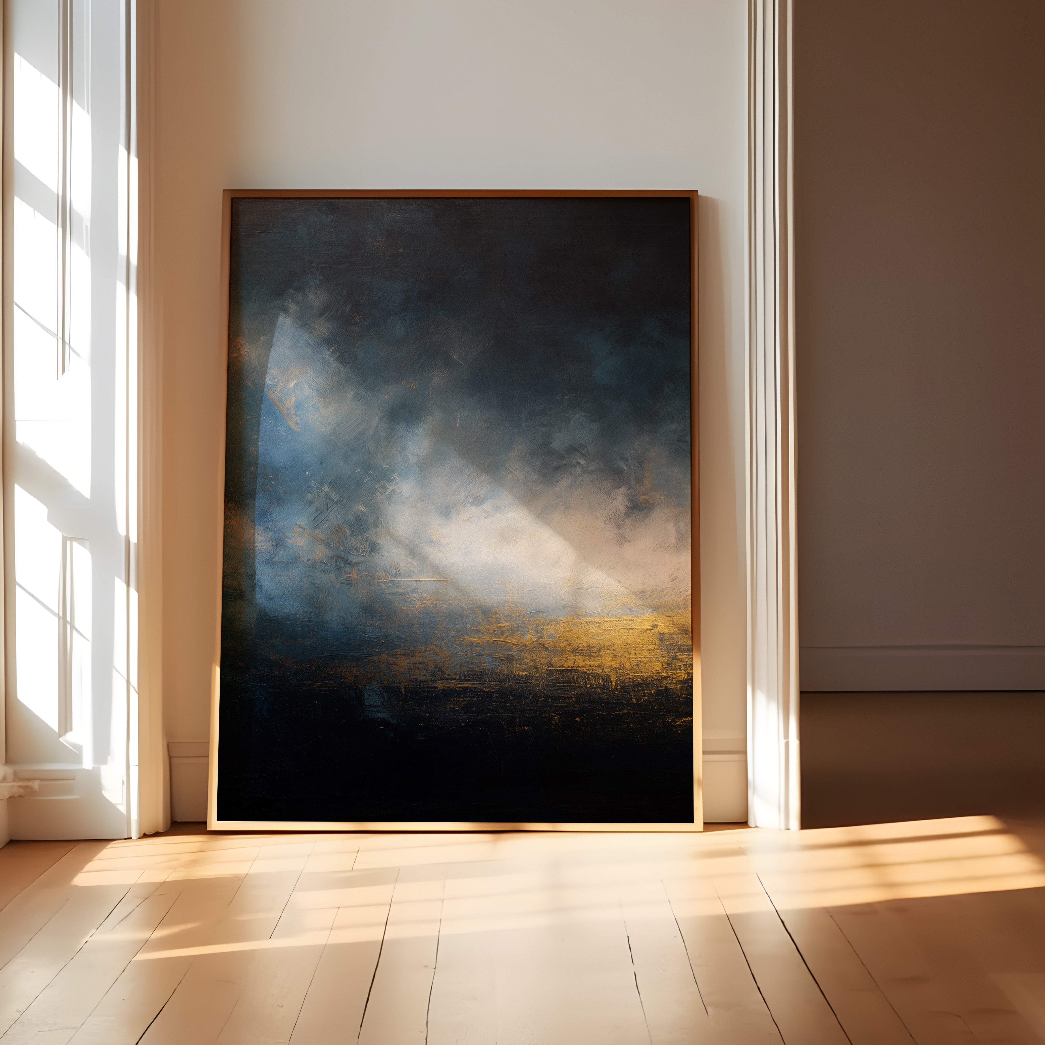 Minimalist Abstract Art - Dramatic Light Contrast | Deep Blue Oil Print & Warm Gold Accent