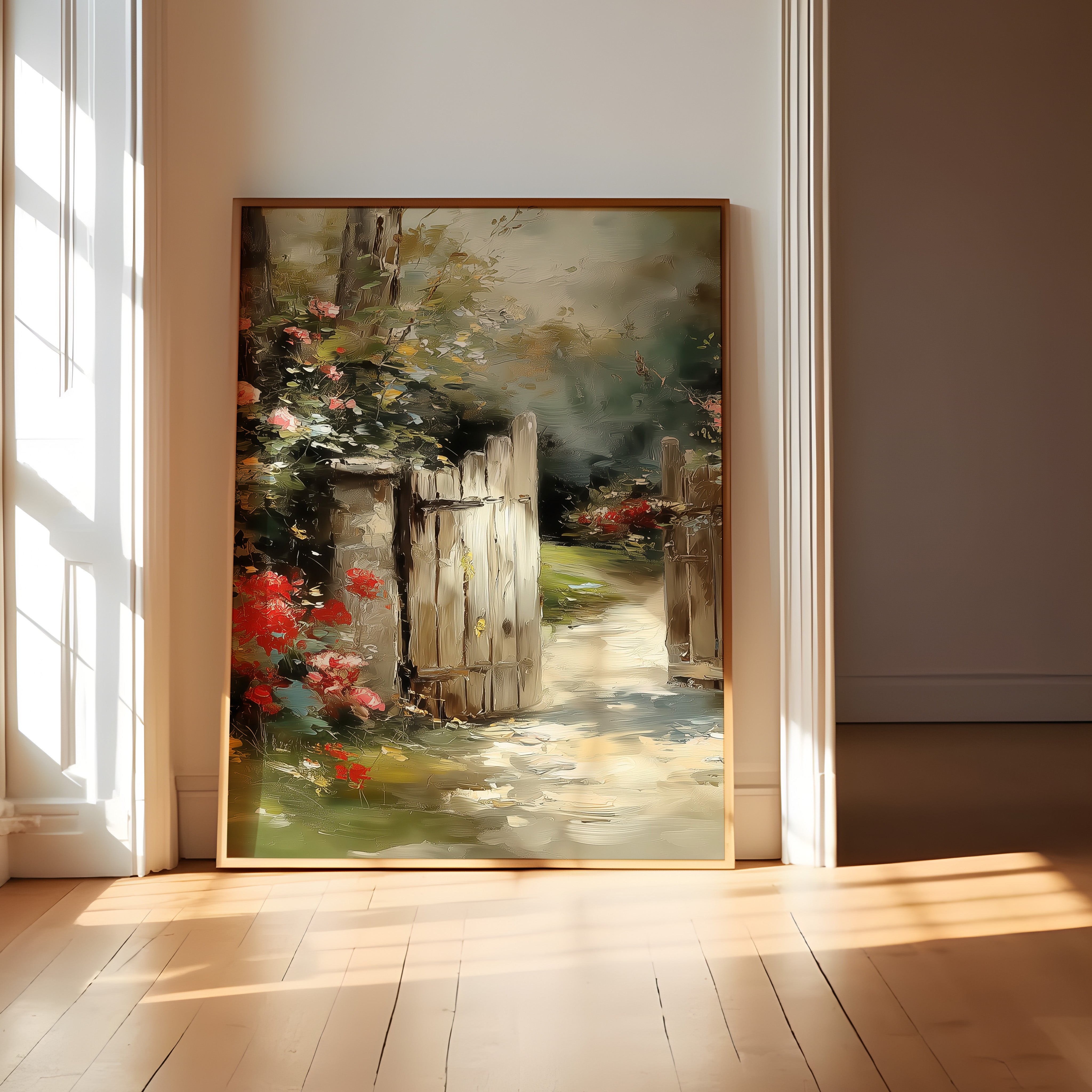 English Garden Wall Art | Rustic Garden Gate & Climbing Rose Painting | Country Farmhouse Decor