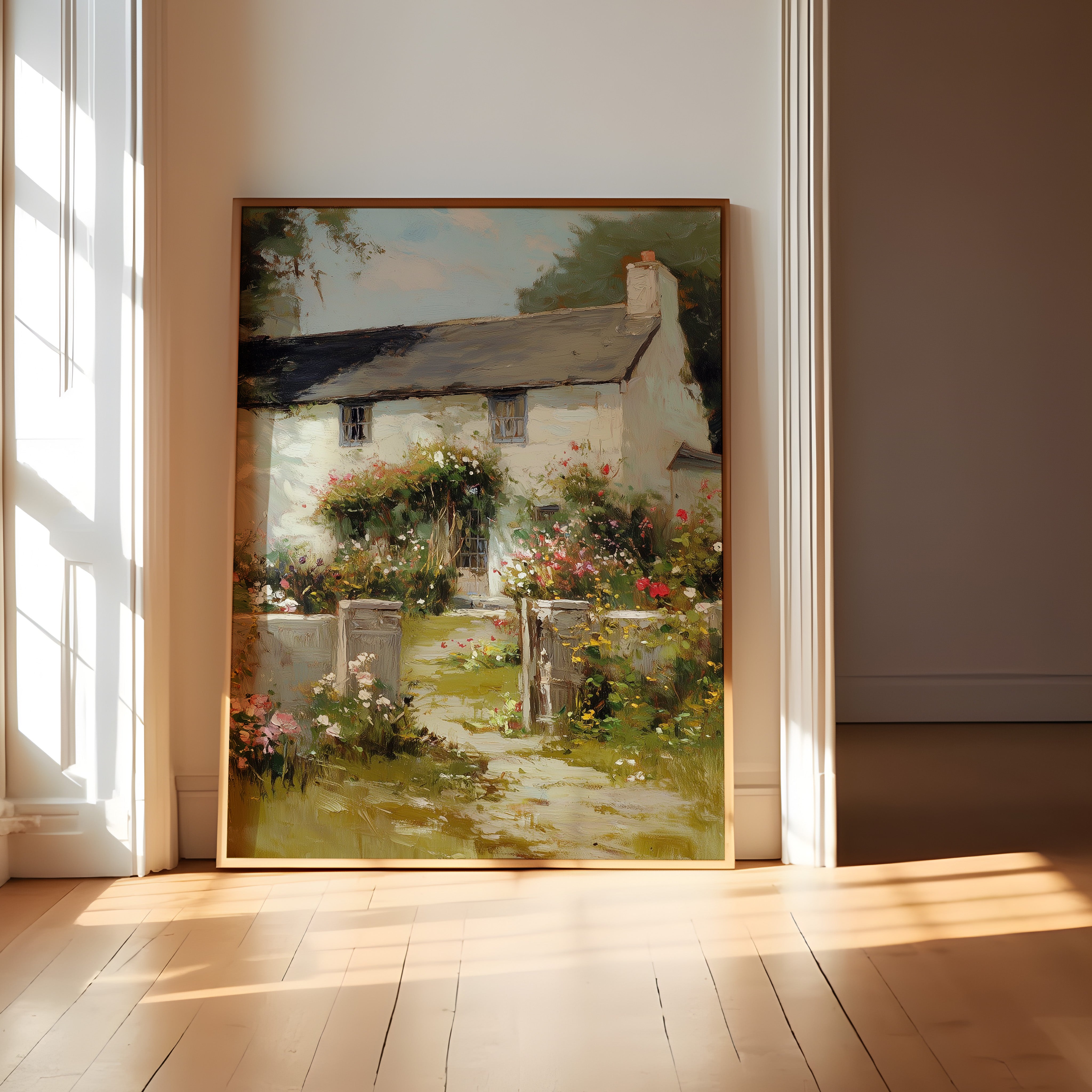 English Cottage Wall Art – Rustic Charm Floral Landscape Oil Painting Canvas