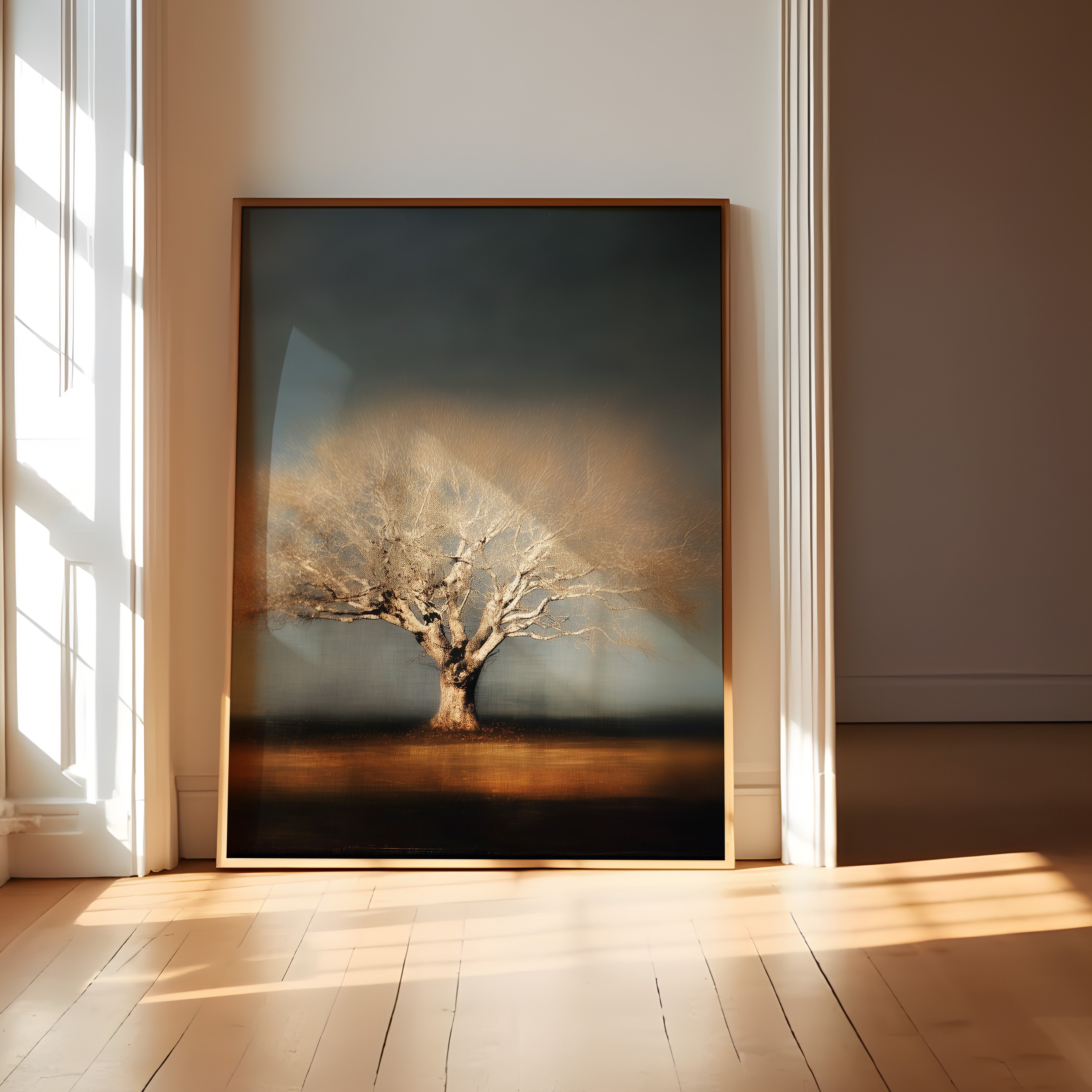 Minimalist Tree Wall Art – Moody Wall Decor | Indigo Sky Painting | Sepia Tone Art Canvas