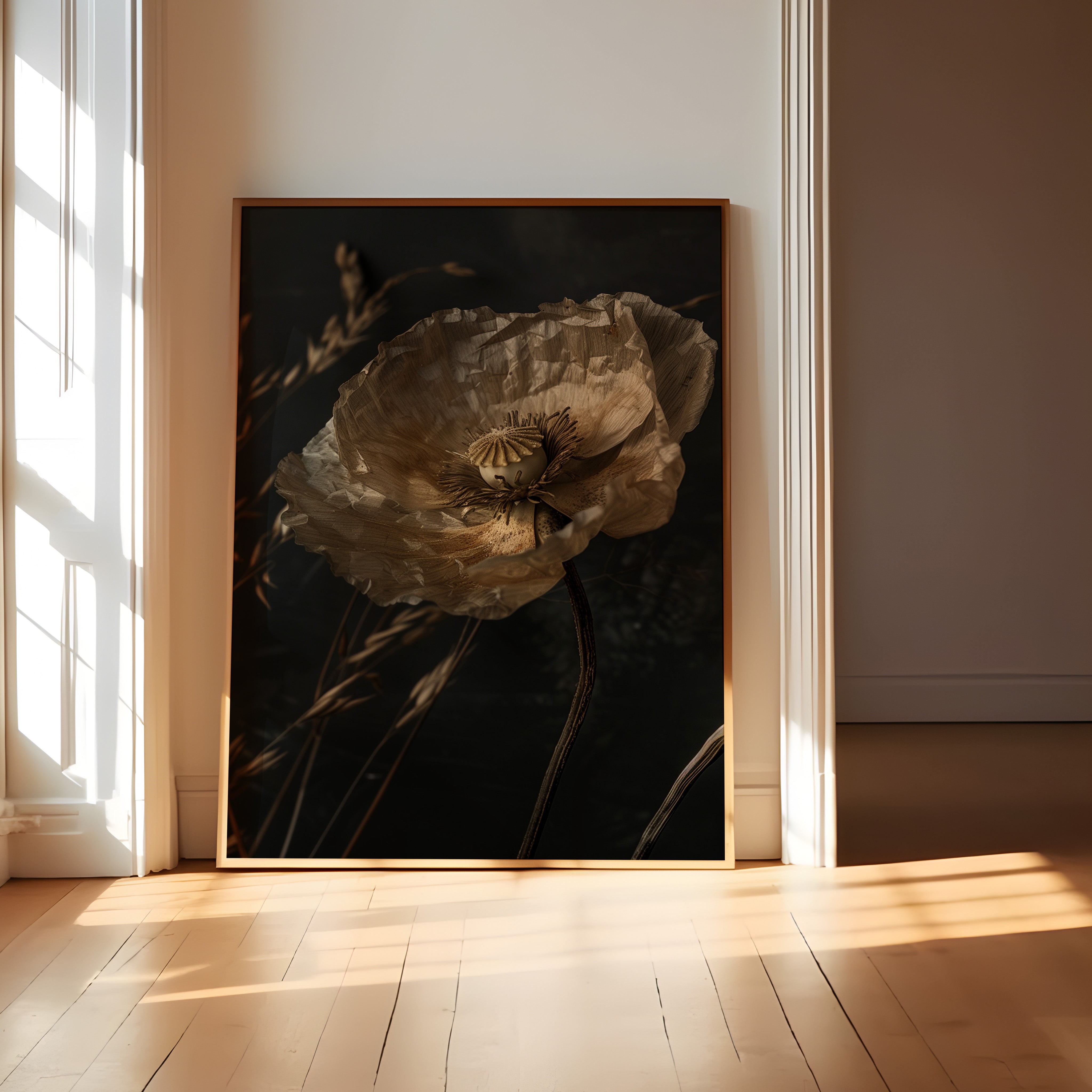 Dried Poppy Seed Pod Art – Textured Oil Painting | Moody Wabi Sabi Decor