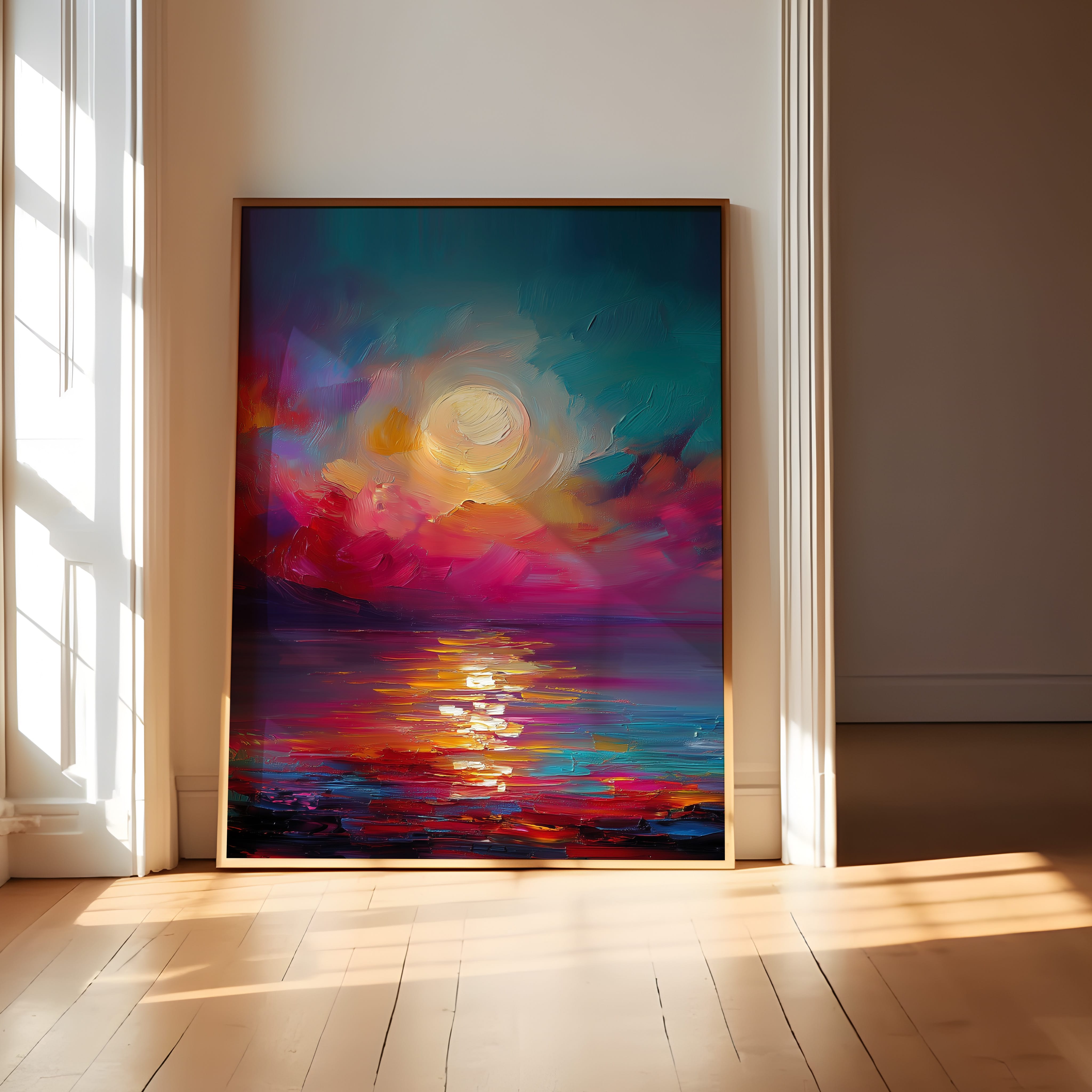 Fantasy Moon Wall Art – Luminous Full Moon Print | Vibrant Dream Seascape