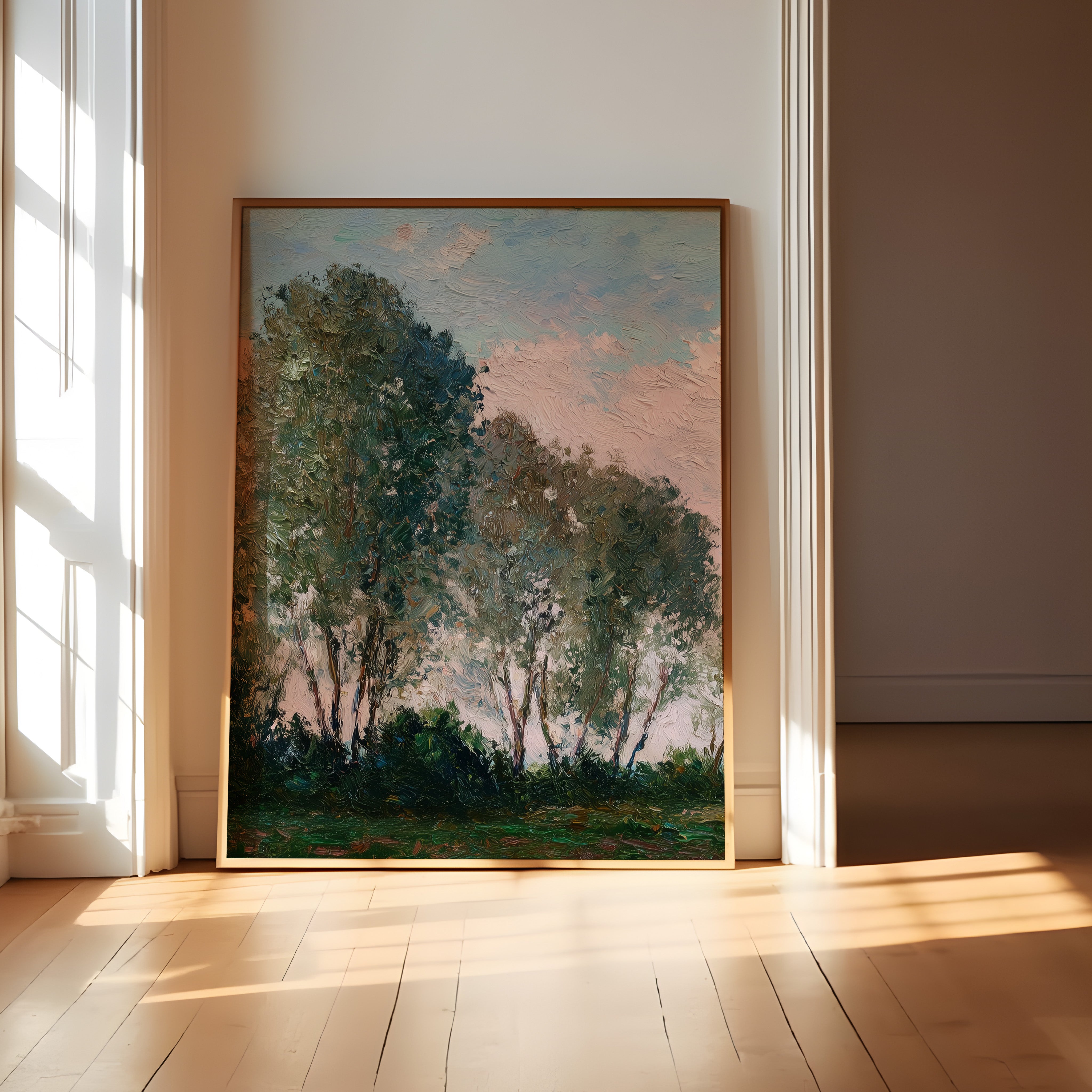 Landscape Wall Art – Teal Pink Painting | Wide Angle Rural Horizon Art Print