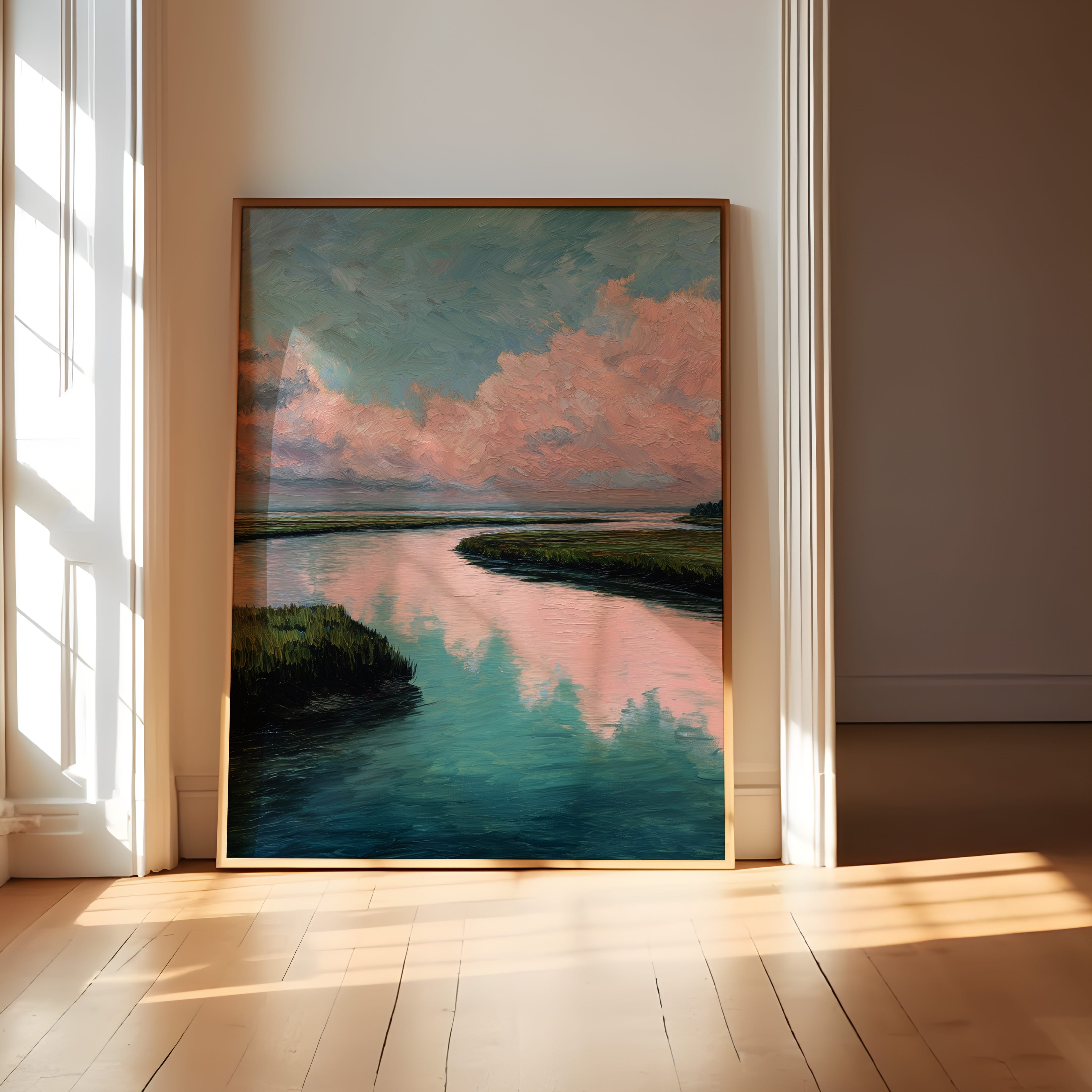 Marshland River Wall Art | Pastel Reflection Art – Impasto Texture Artwork | Nature Wall Decor