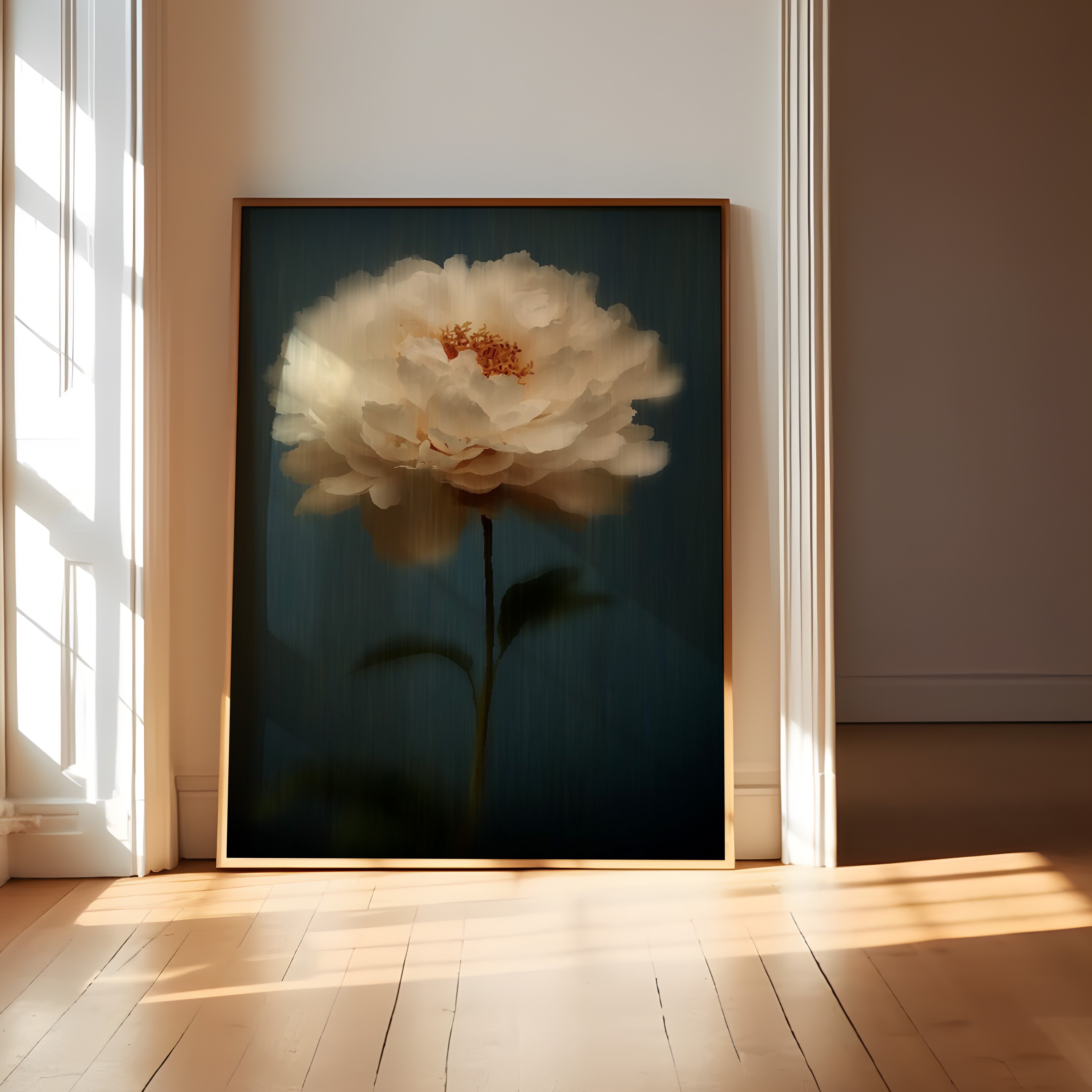 White Peony Wall Art – Dark Floral Painting | Minimalist Floating Flower Decor