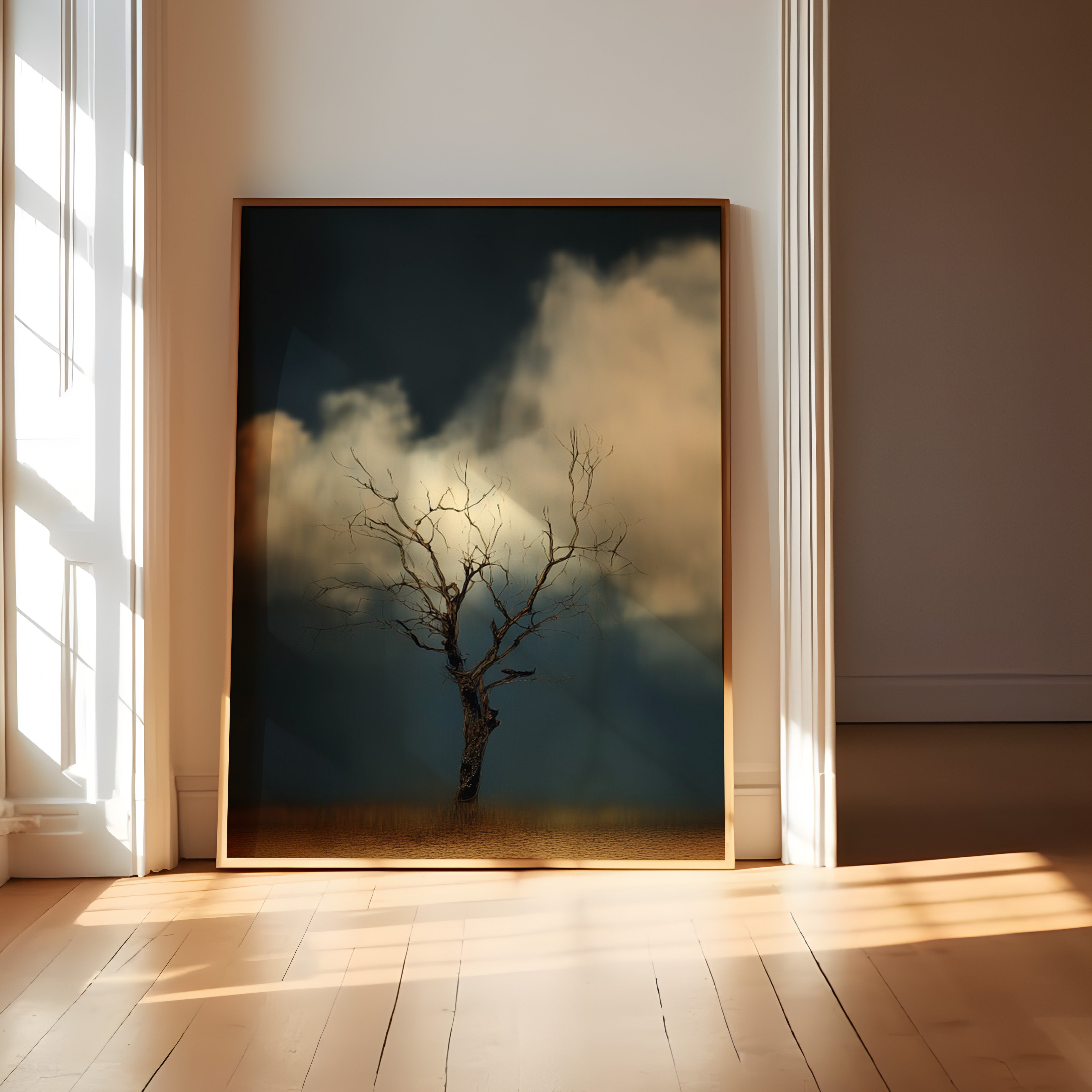 Minimalist Dead Tree Art | Moody Wall Art Print – Beige Cloud Background | Framed Canvas Wrap