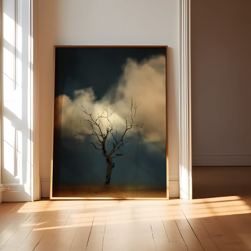 Minimalist Dead Tree Art | Moody Wall Art Print – Beige Cloud Background | Framed Canvas Wrap