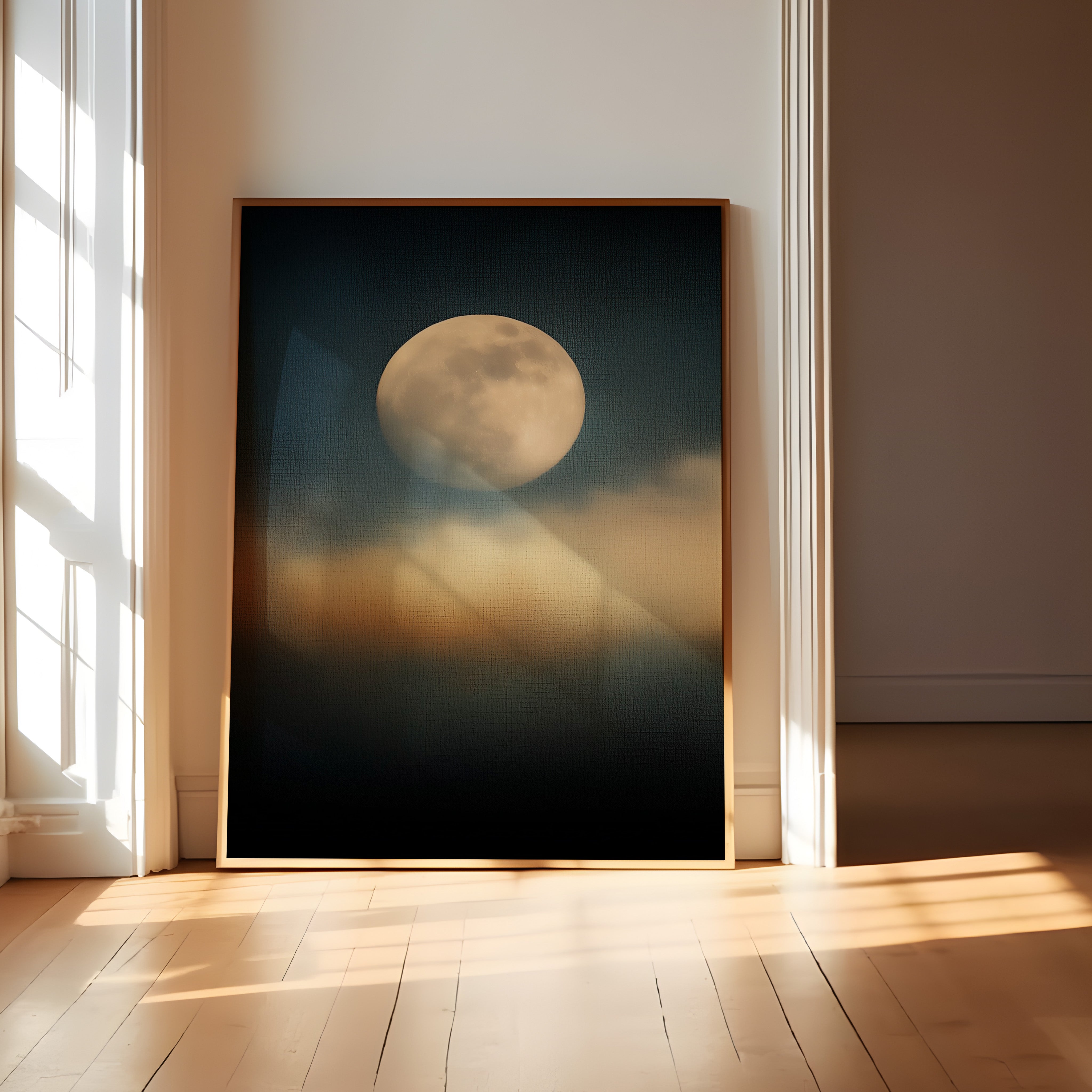 Full Moon Wall Art – Moody Night Sky Celestial Decor | Velvety Midnight Blue Canvas Print