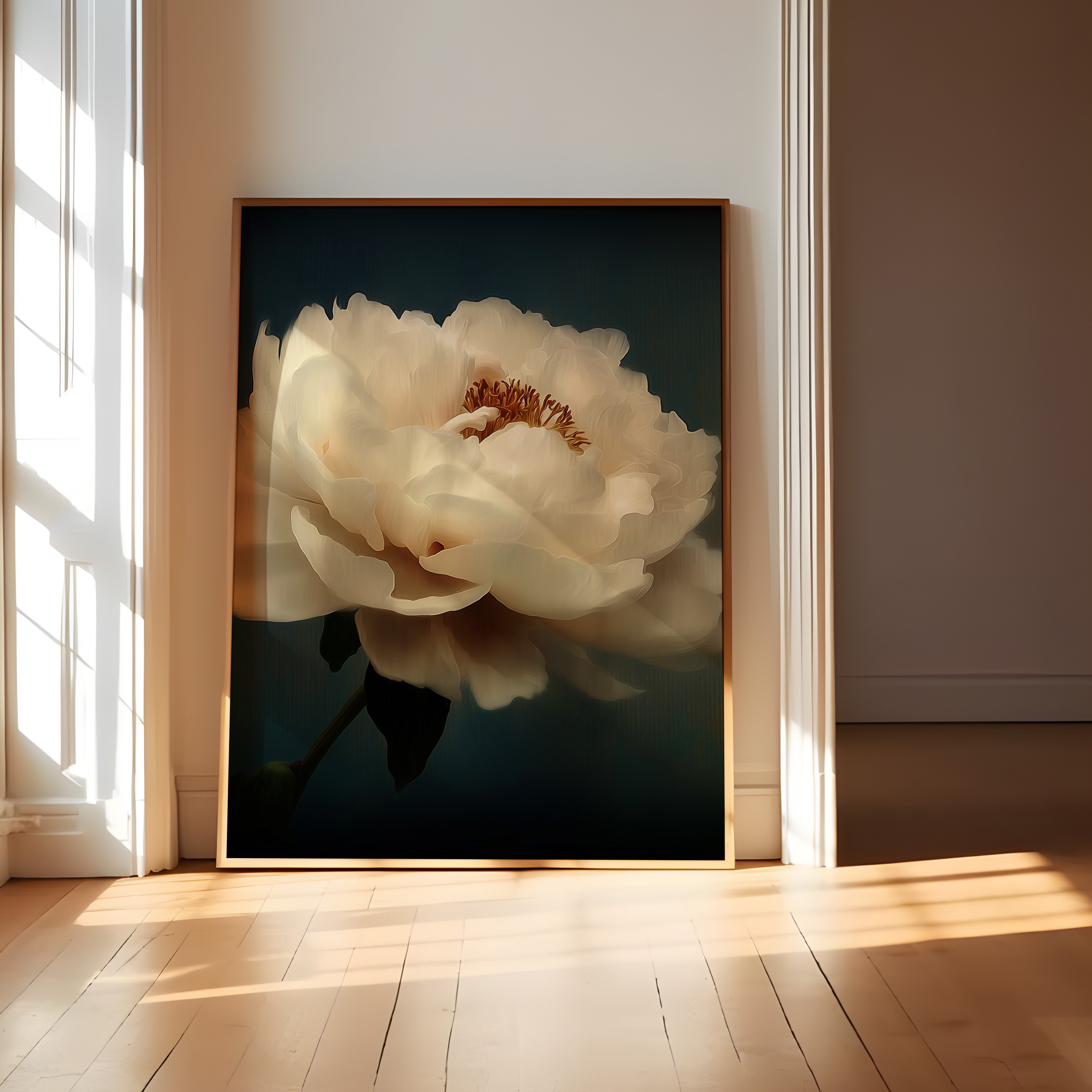 White Peony Wall Art – Minimalist Floral Print | Dark Moody Painting Canvas Gallery Wrap