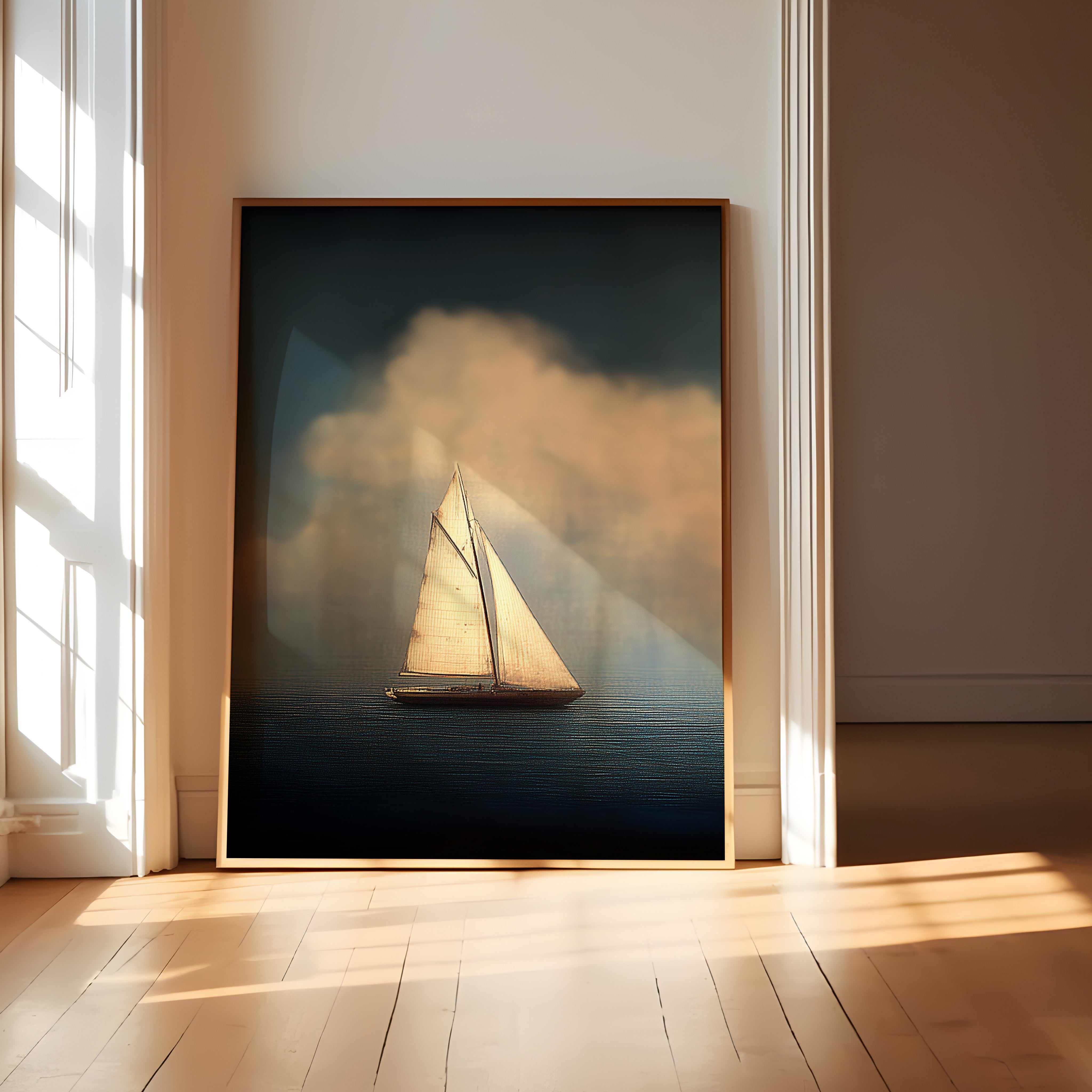 Solitary Sailboat Wall Art – Moody Coastal Decor | Midnight Blue Ocean Painting