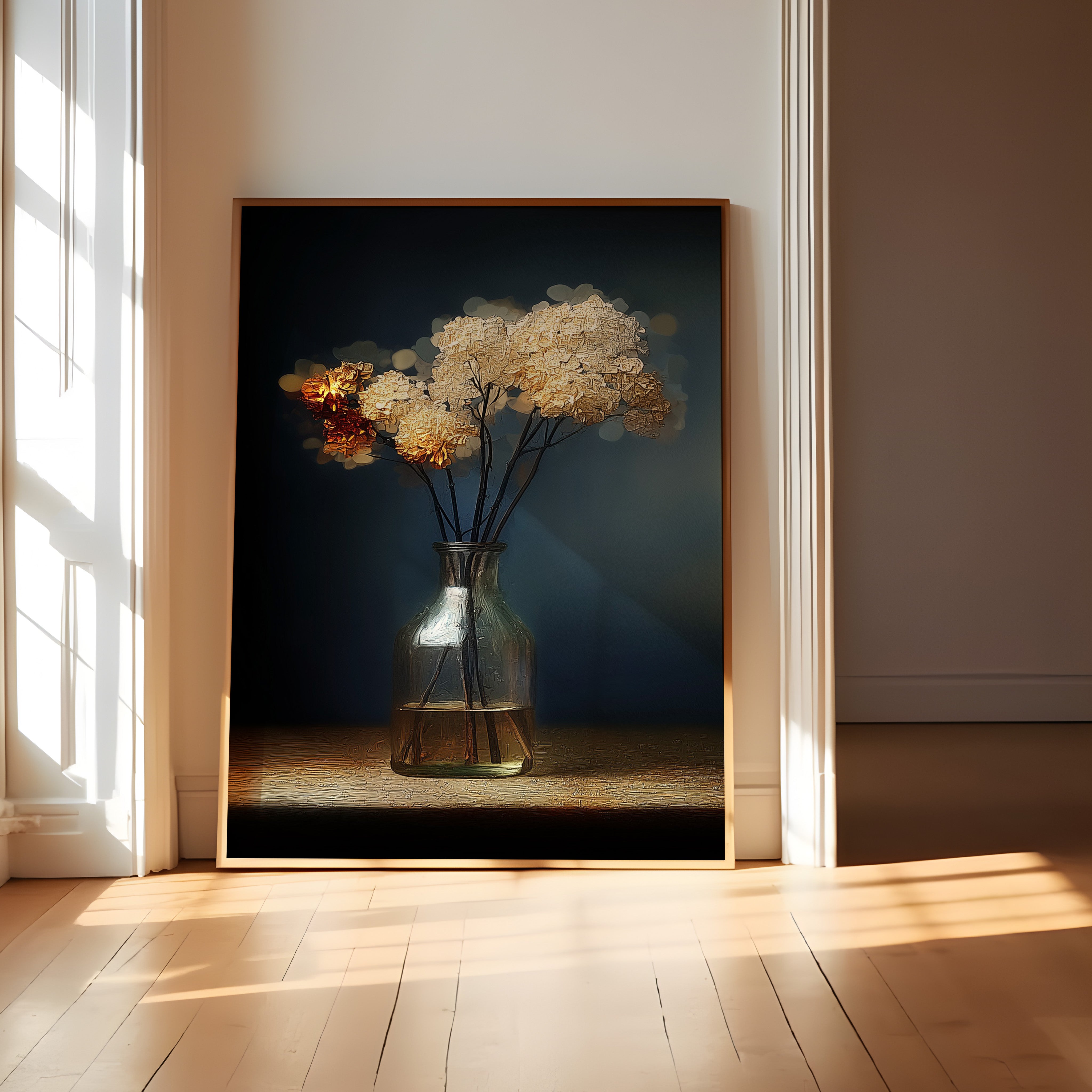 Dried Flowers Wall Art – Moody Minimalist Painting | Velvety Midnight Blue Print