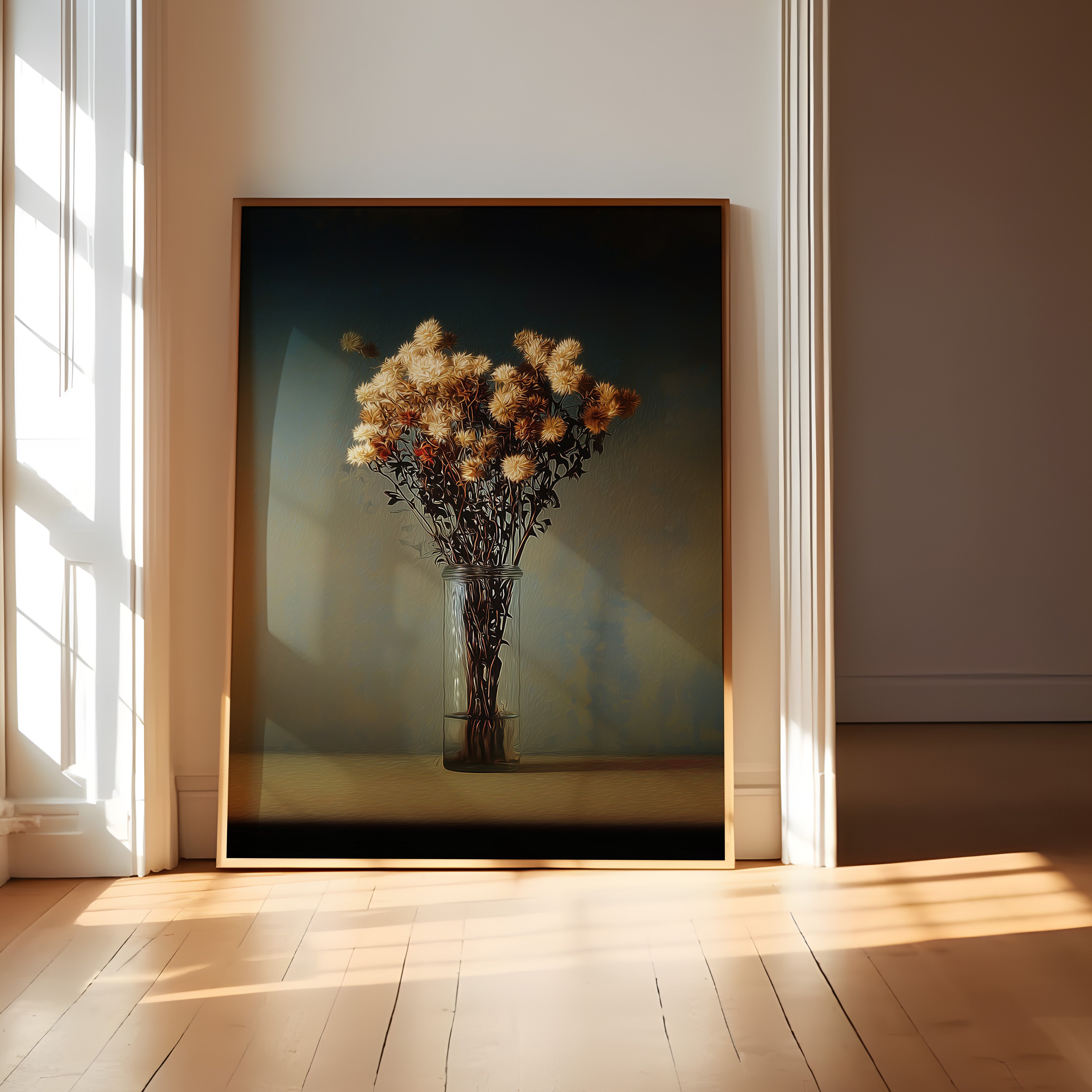 Dark Moody Artwork – Minimalist Wall Art With Velvety Midnight Blue Print & Aged Flowers