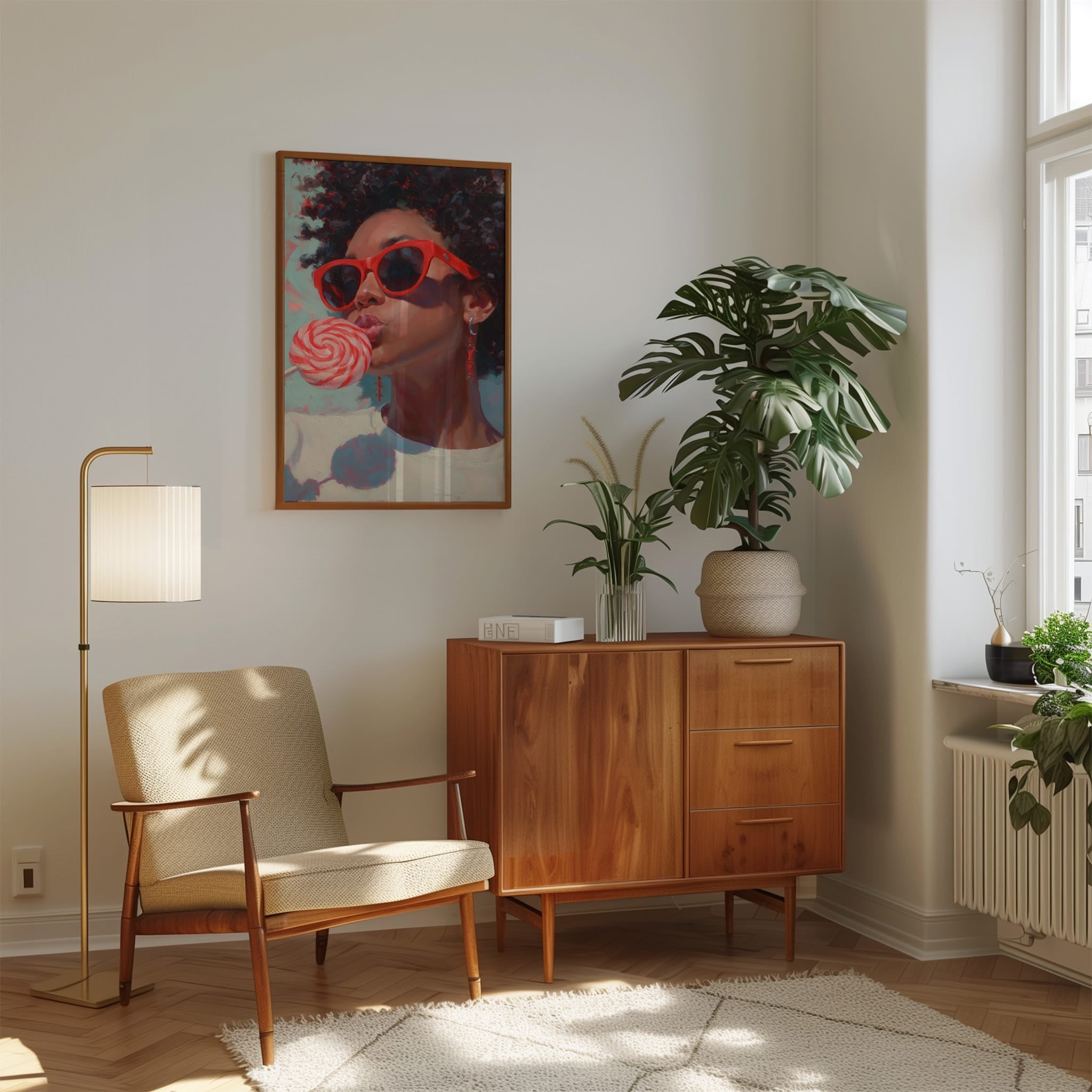 Retro Black Woman Wall Art – Red Lollipop Portrait | Afro Oil Painting Canvas