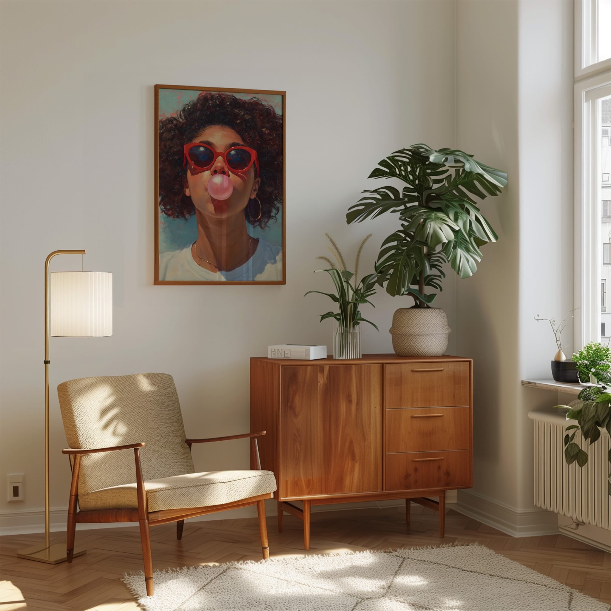 Retro Afro Portrait - Black Woman Bubble Gum Art | Red Cat Eye Sunglasses | Teal Kitchen Wall Decor