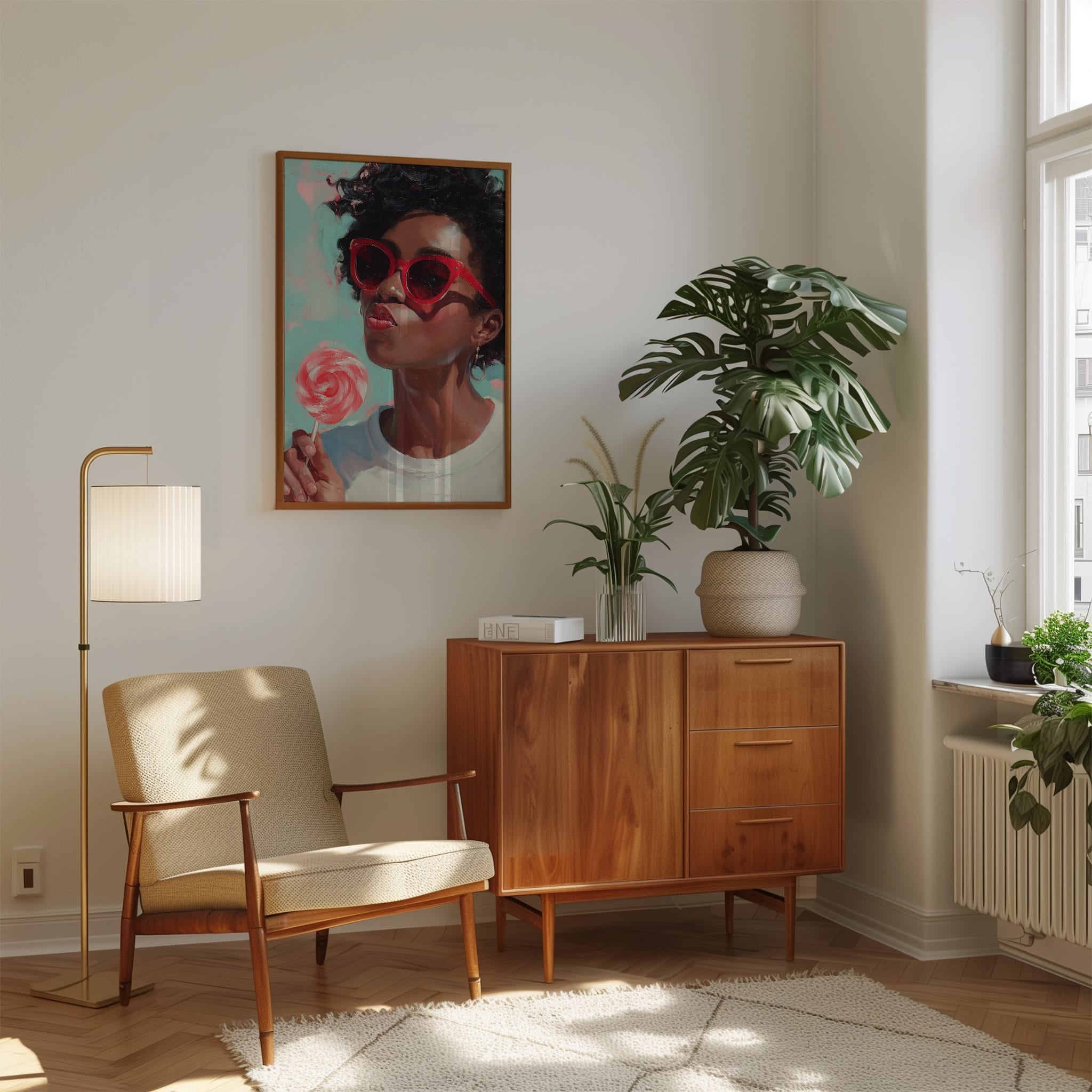 Retro Black Woman Wall Art – Red Lollipop Portrait | Afro Oil Painting | Playful Kitchen Decor