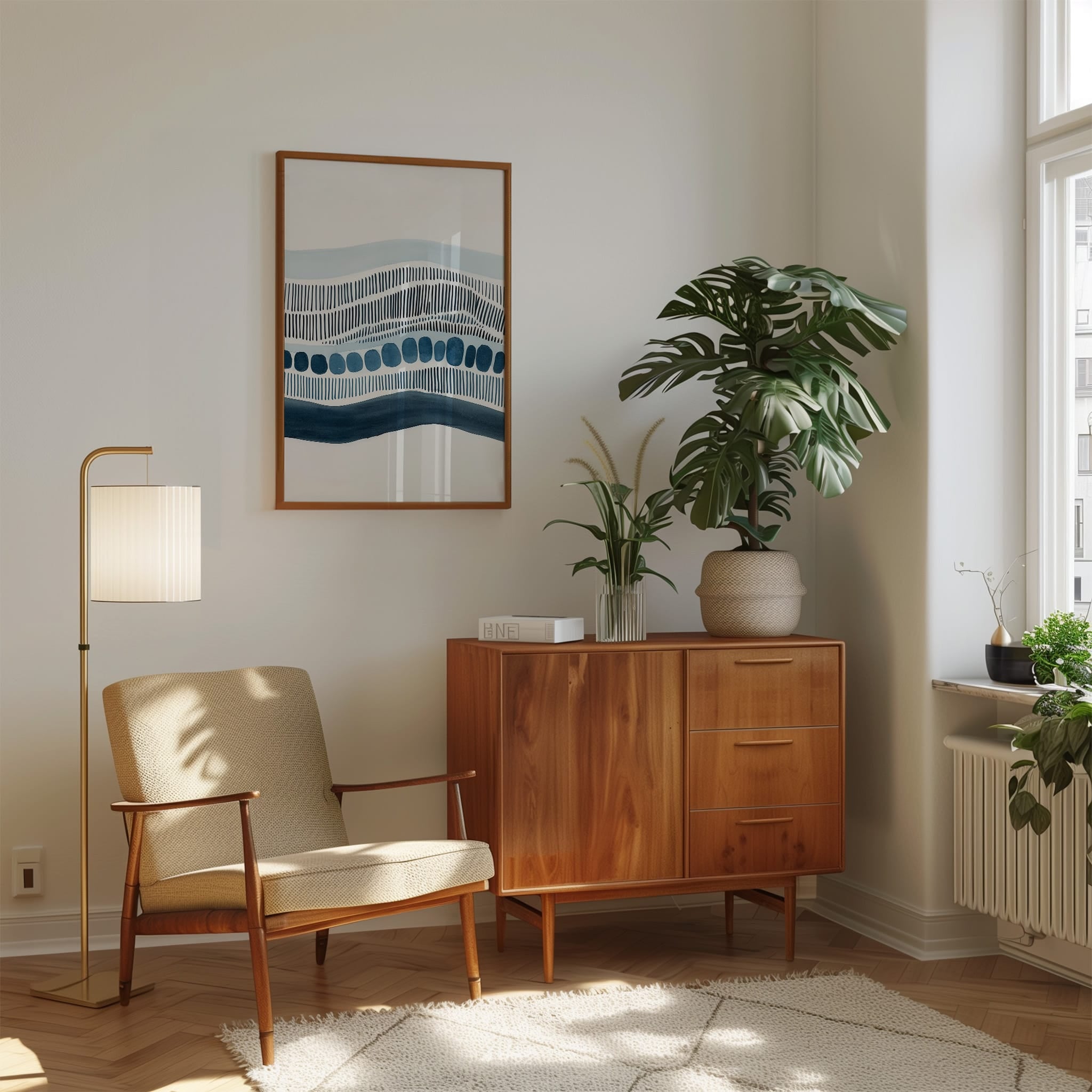Abstract Wave Print | Minimalist Wall Art with Navy Blue Dashed Line Artwork