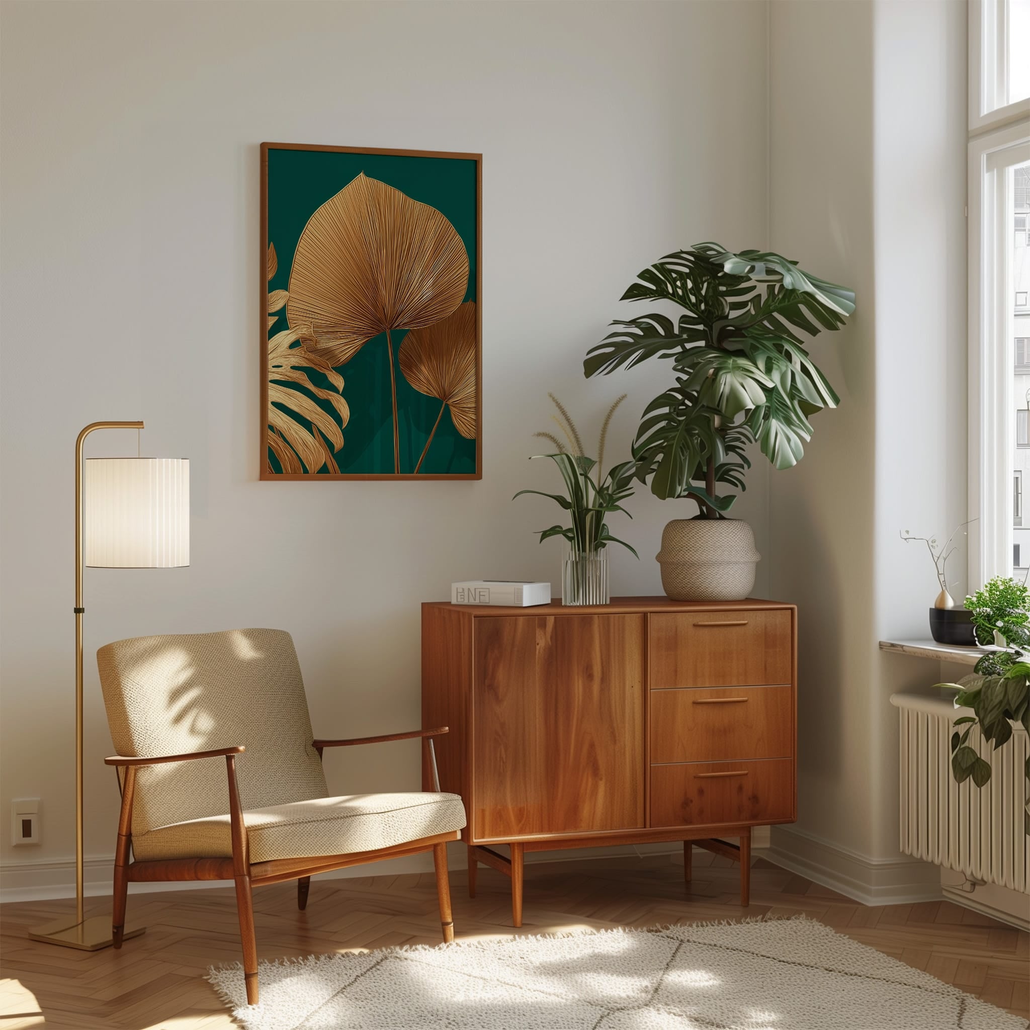 Gold Monstera Print - Emerald Green Wall Art | Luxurious Tropical Decor Poster
