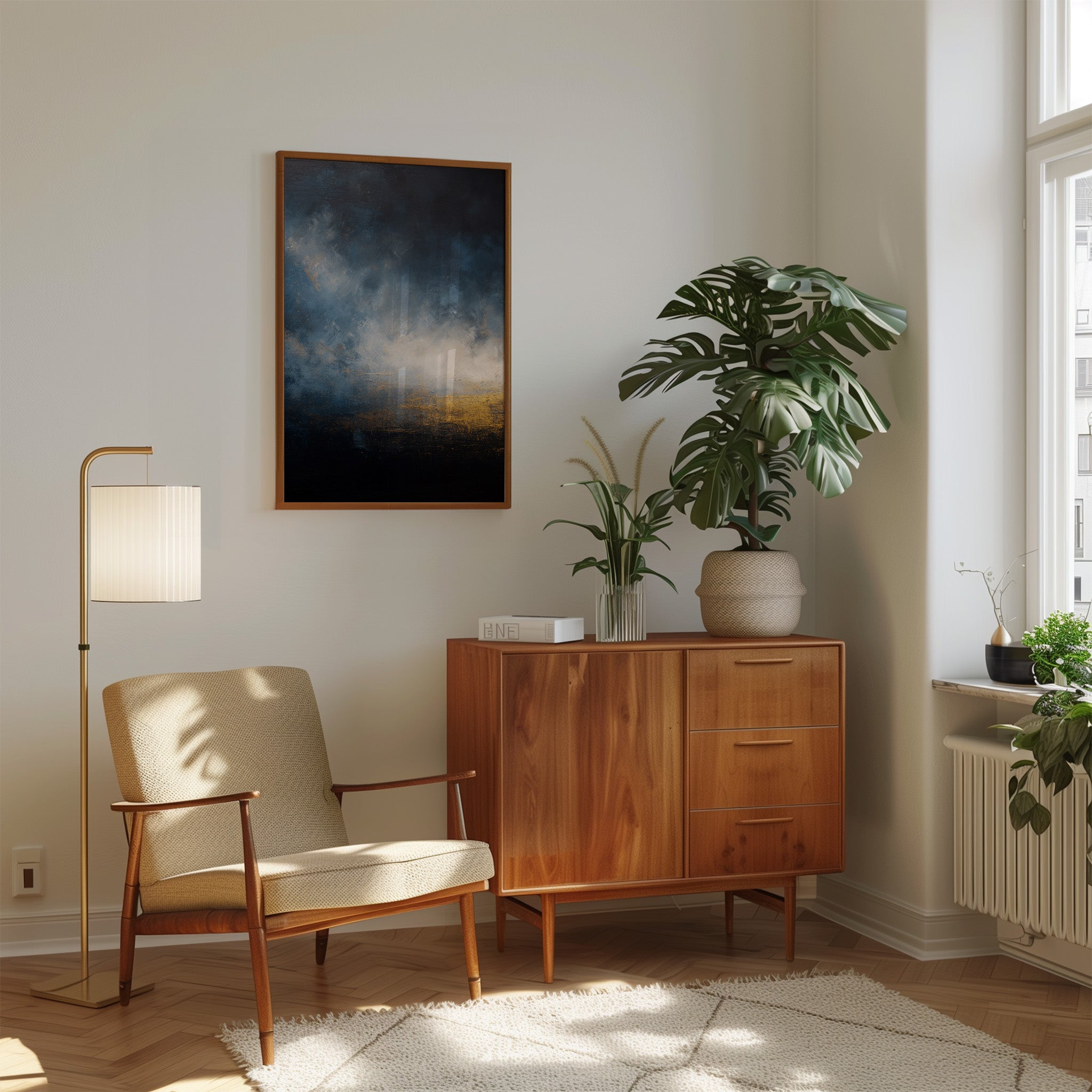 Minimalist Abstract Art - Dramatic Light Contrast | Deep Blue Oil Print & Warm Gold Accent