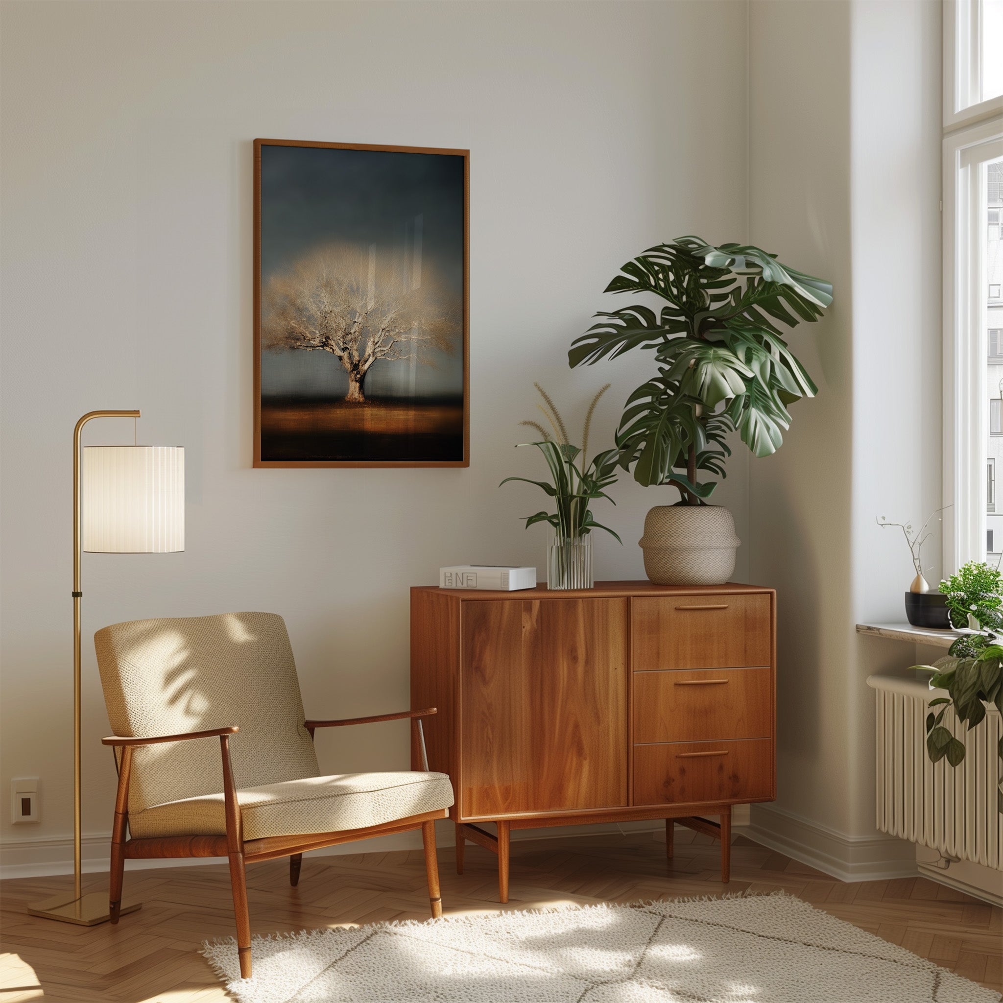 Minimalist Tree Wall Art – Moody Wall Decor | Indigo Sky Painting | Sepia Tone Art Canvas