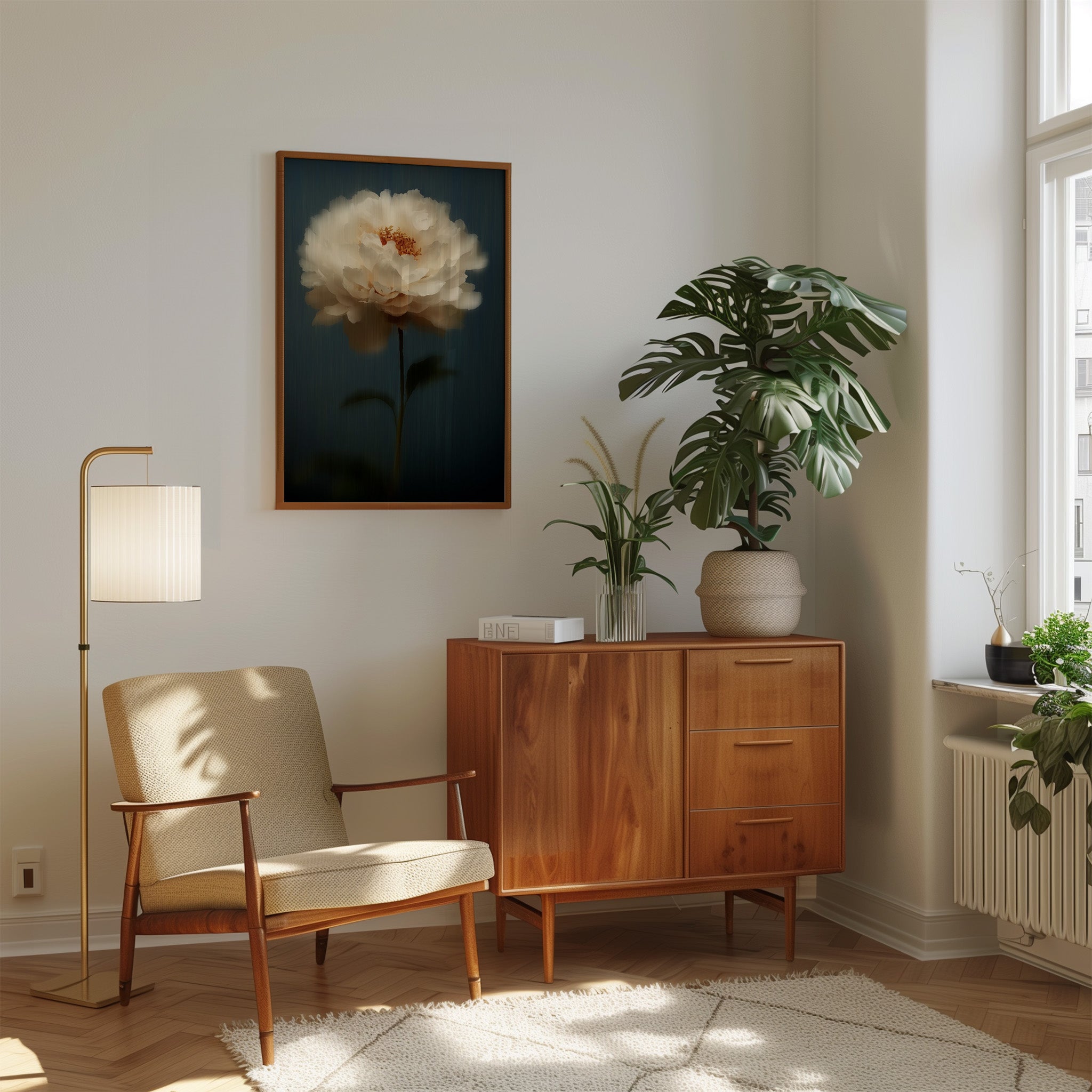 White Peony Wall Art – Dark Floral Painting | Minimalist Floating Flower Decor