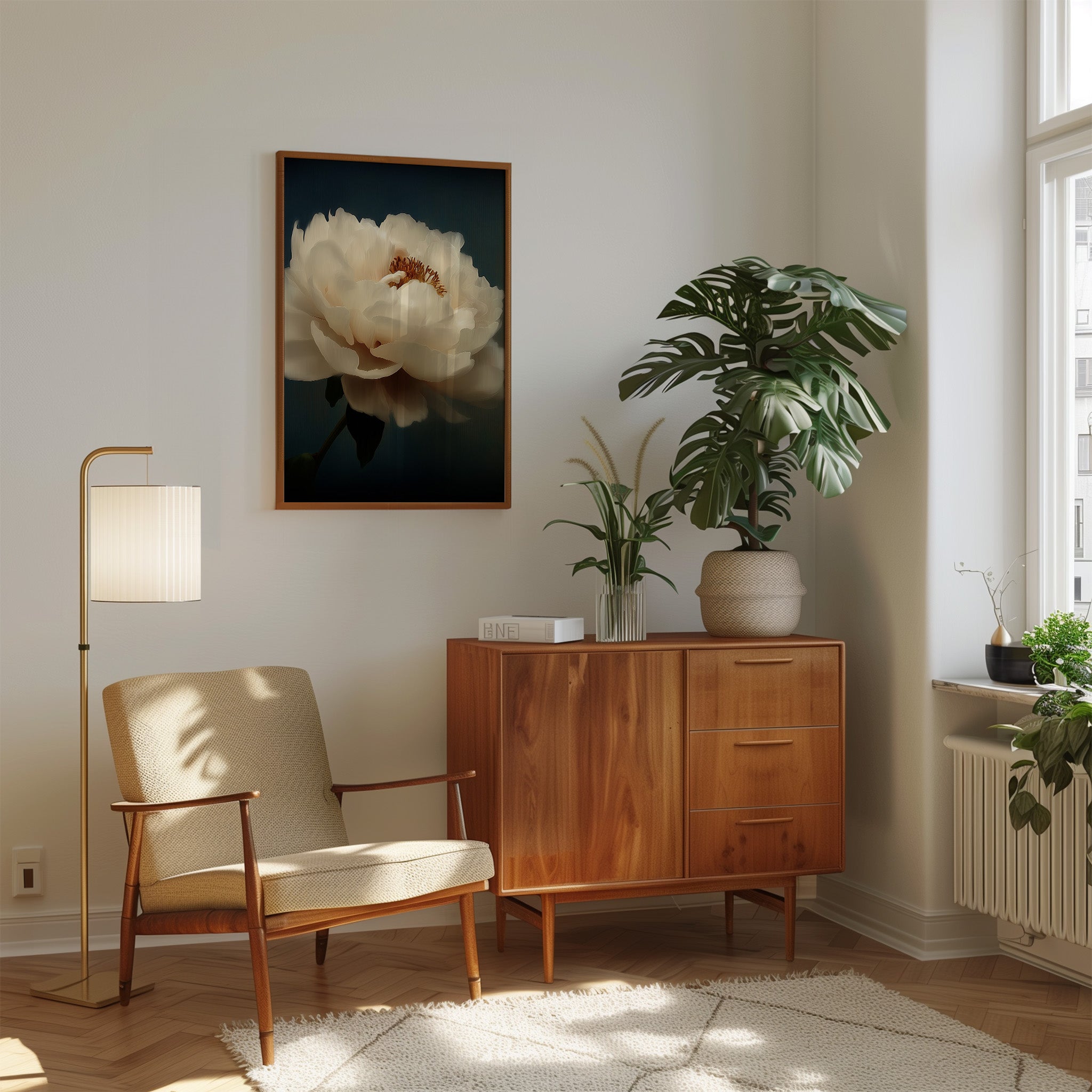 White Peony Wall Art – Minimalist Floral Print | Dark Moody Painting Canvas Gallery Wrap