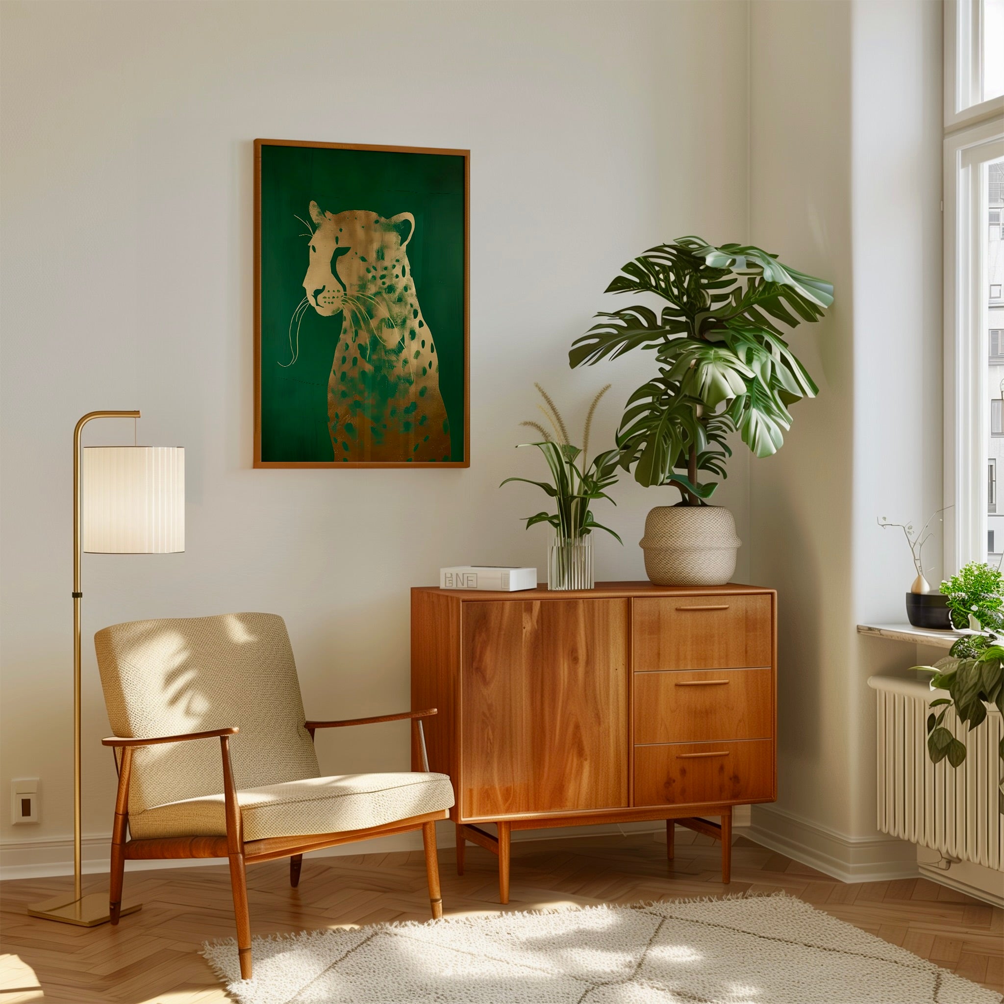 Emerald Leopard: Eclectic Green and Gold Wildlife Art | Maximalist & Chic Wall Decor