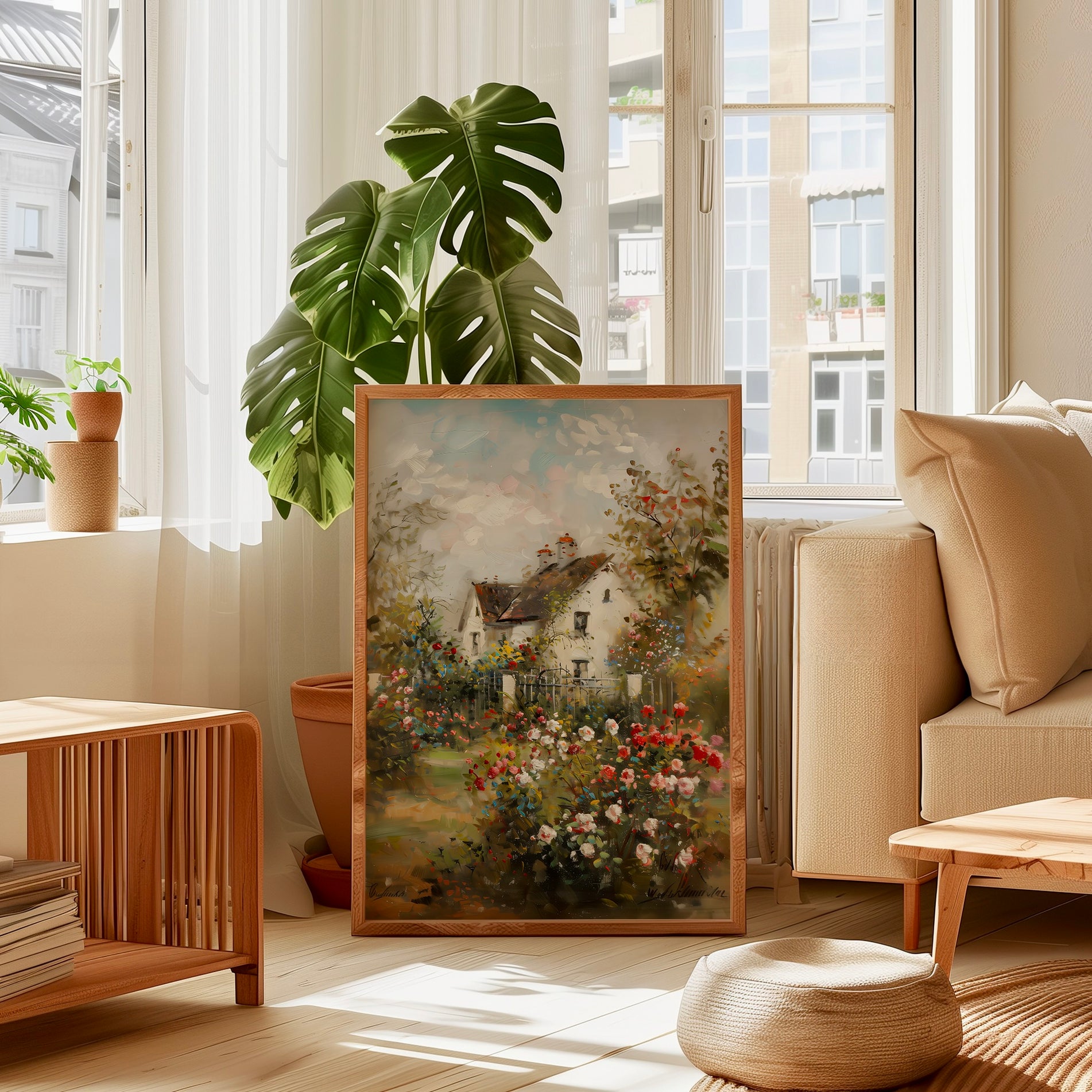 Vintage Cottage Rose Garden Art Print | Nostalgic & Tranquil Floral Wall Decor