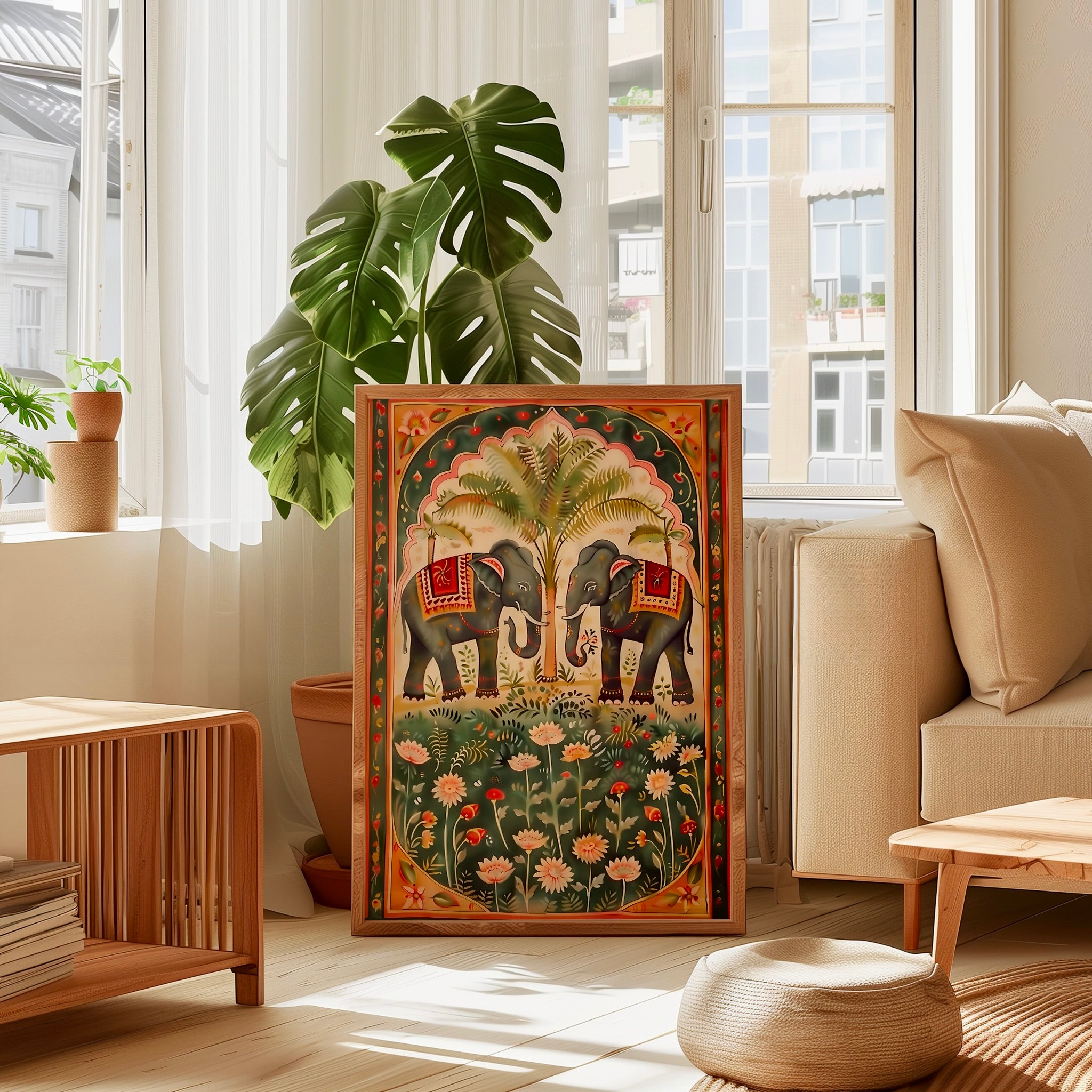 Pichwai Elephant & Lotus Art: Traditional Indian Floral Canvas | Vintage Cultural Wall Decor
