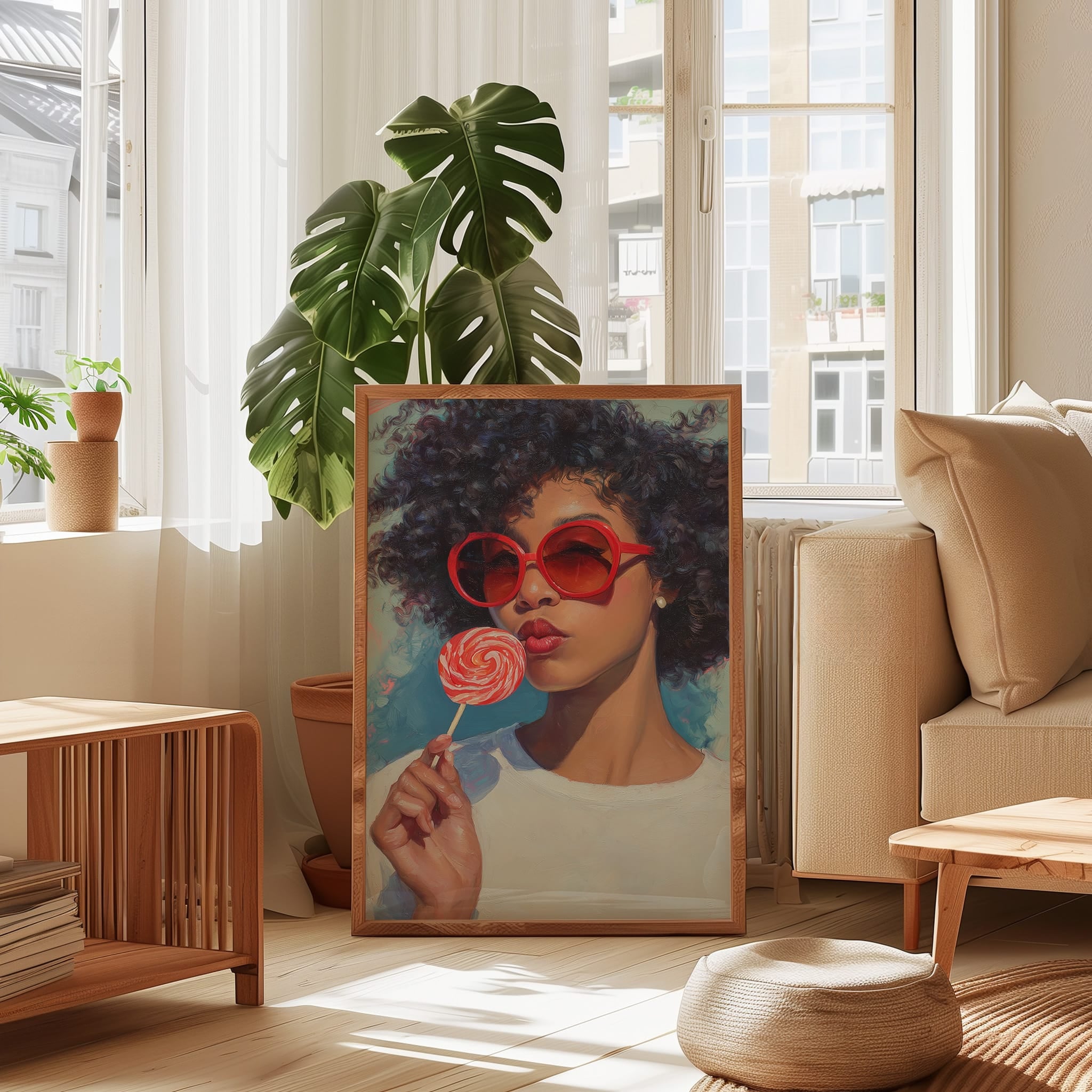 Retro Black Woman Wall Art - Afro Oil Painting | Red Lollipop Portrait | Playful Kitchen Decor