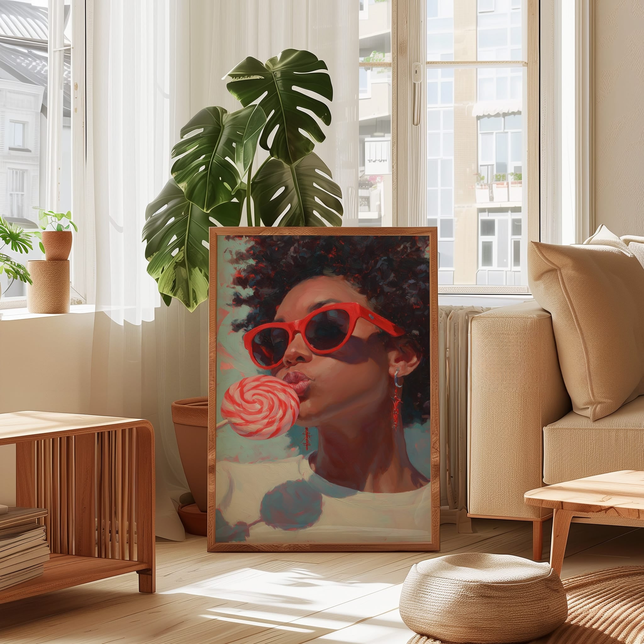 Retro Black Woman Wall Art – Red Lollipop Portrait | Afro Oil Painting Canvas