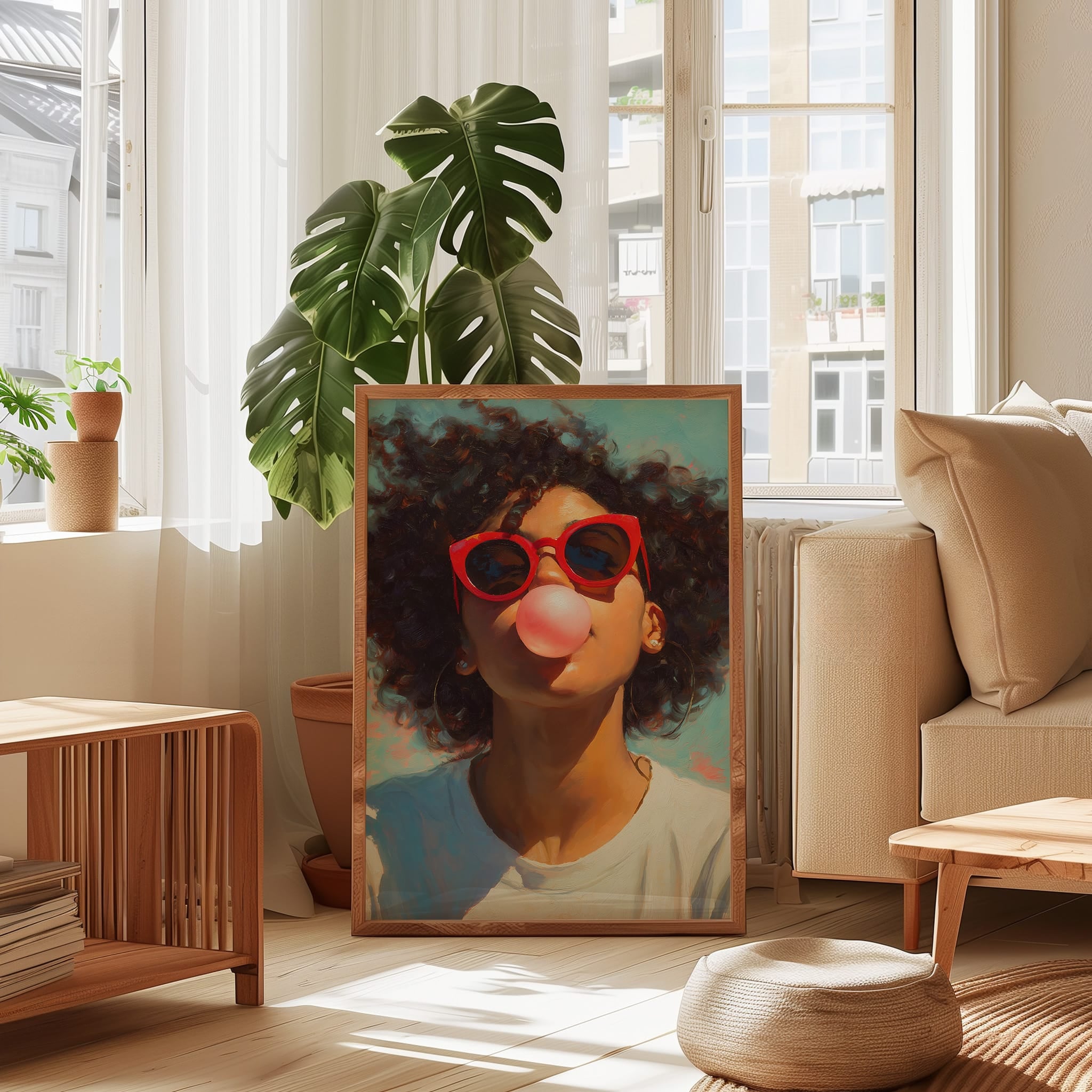Retro Afro Portrait Print - Black Woman Bubble Gum Art | Red Cat Eye Sunglasses
