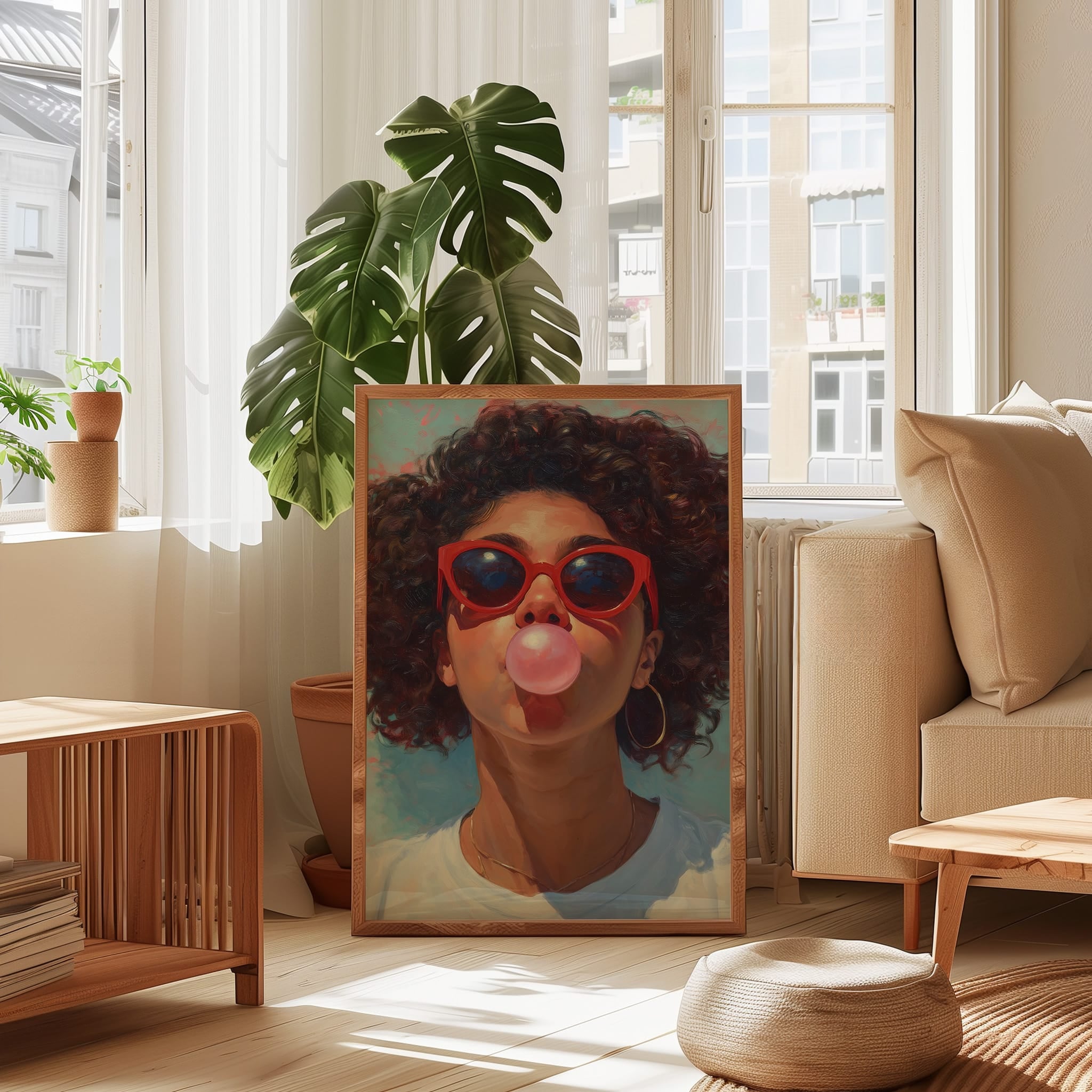 Retro Afro Portrait - Black Woman Bubble Gum Art | Red Cat Eye Sunglasses | Teal Kitchen Wall Decor