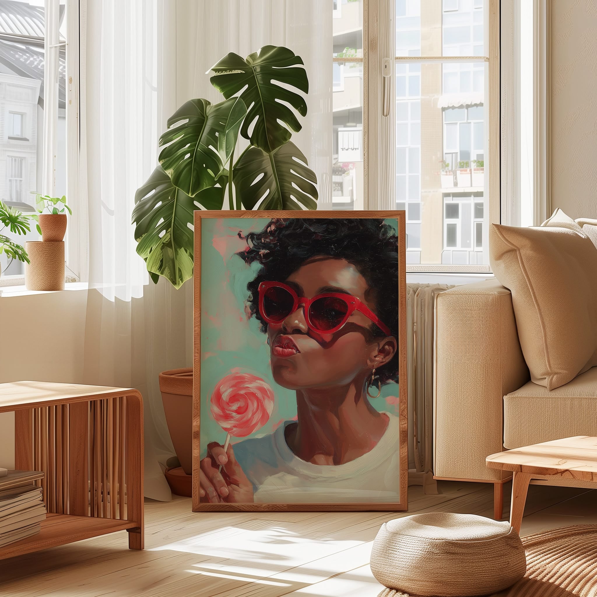 Retro Black Woman Wall Art – Red Lollipop Portrait | Afro Oil Painting | Playful Kitchen Decor