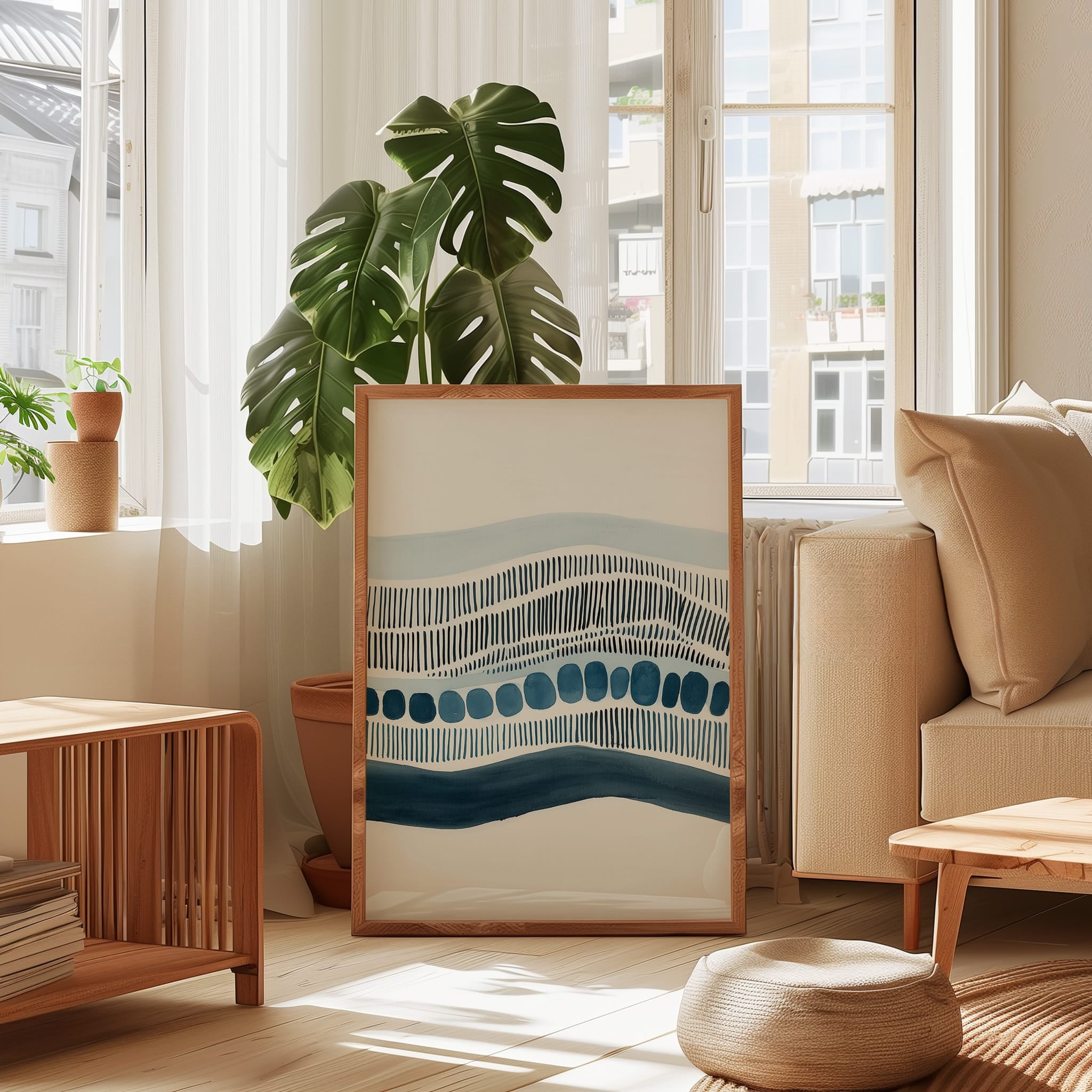 Abstract Wave Print | Minimalist Wall Art with Navy Blue Dashed Line Artwork
