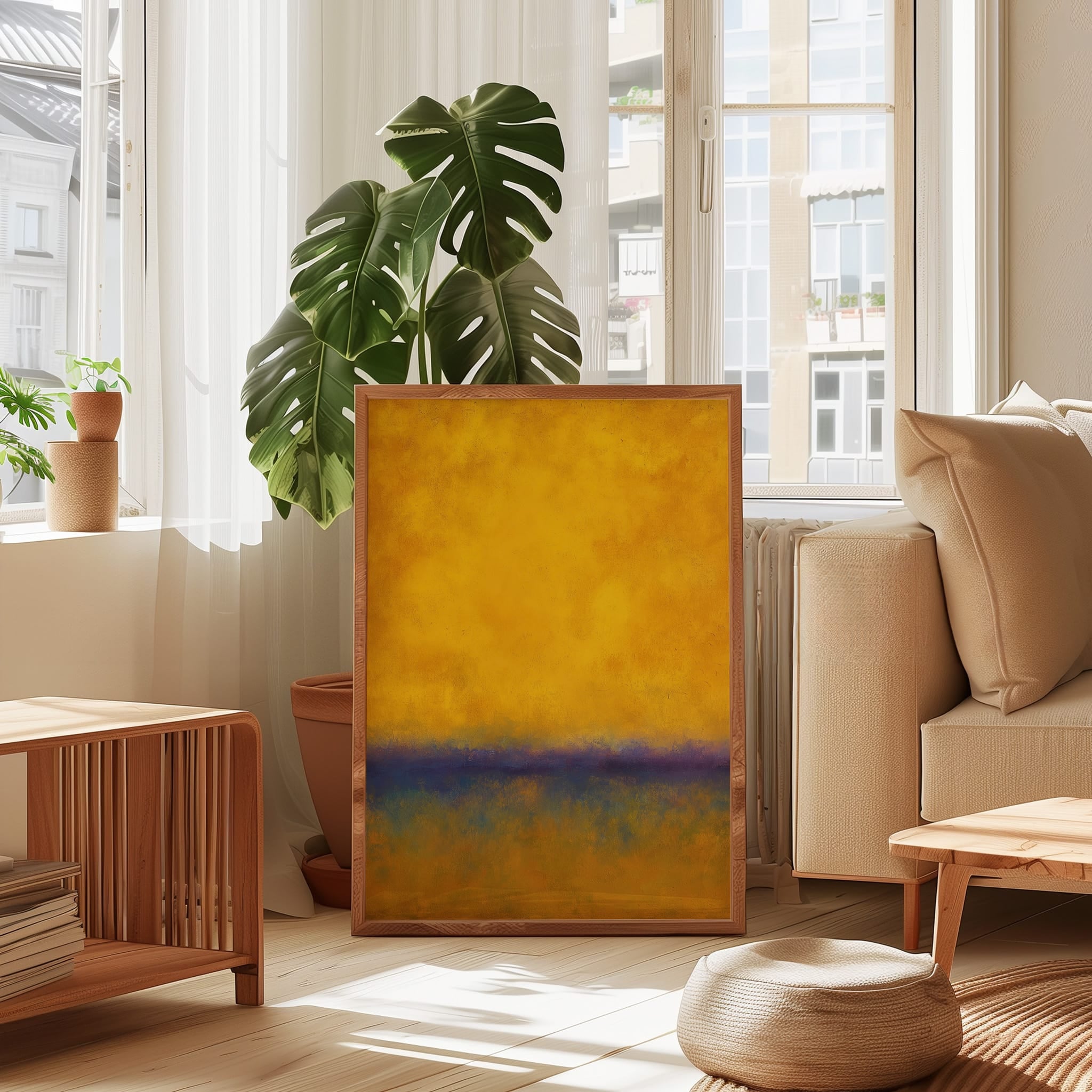 Abstract Color Field Art – Meditative Wall Art with Golden Yellow & Indigo Blue Canvas Texture