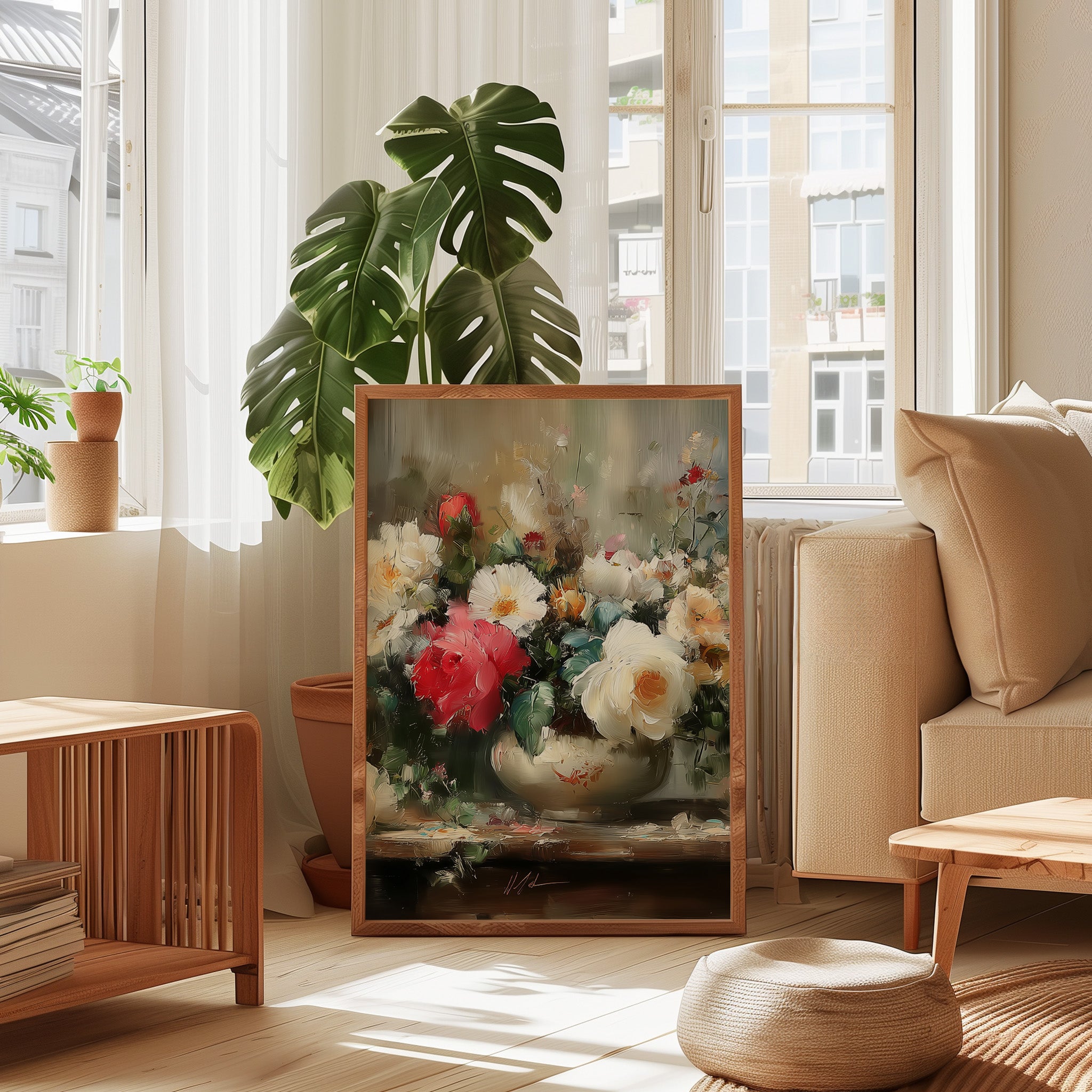 Vintage Floral Wall Art – Heirloom Roses & Peonies Oil Painting | Rustic Farmhouse Decor