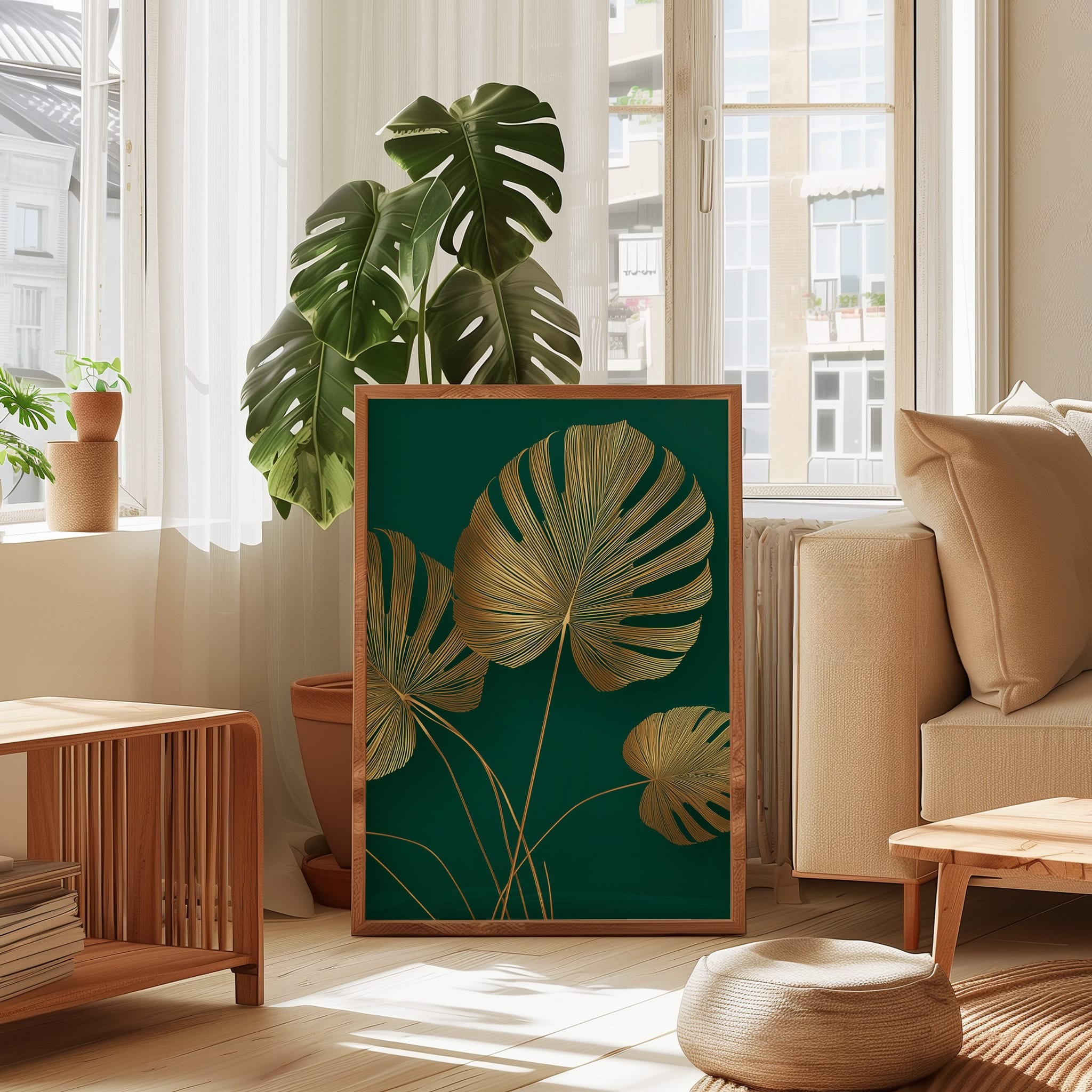 Gold Monstera Wall Art – Oversized Leaf Poster | Emerald Green Decor | Metallic Gold Foil Leaf Print