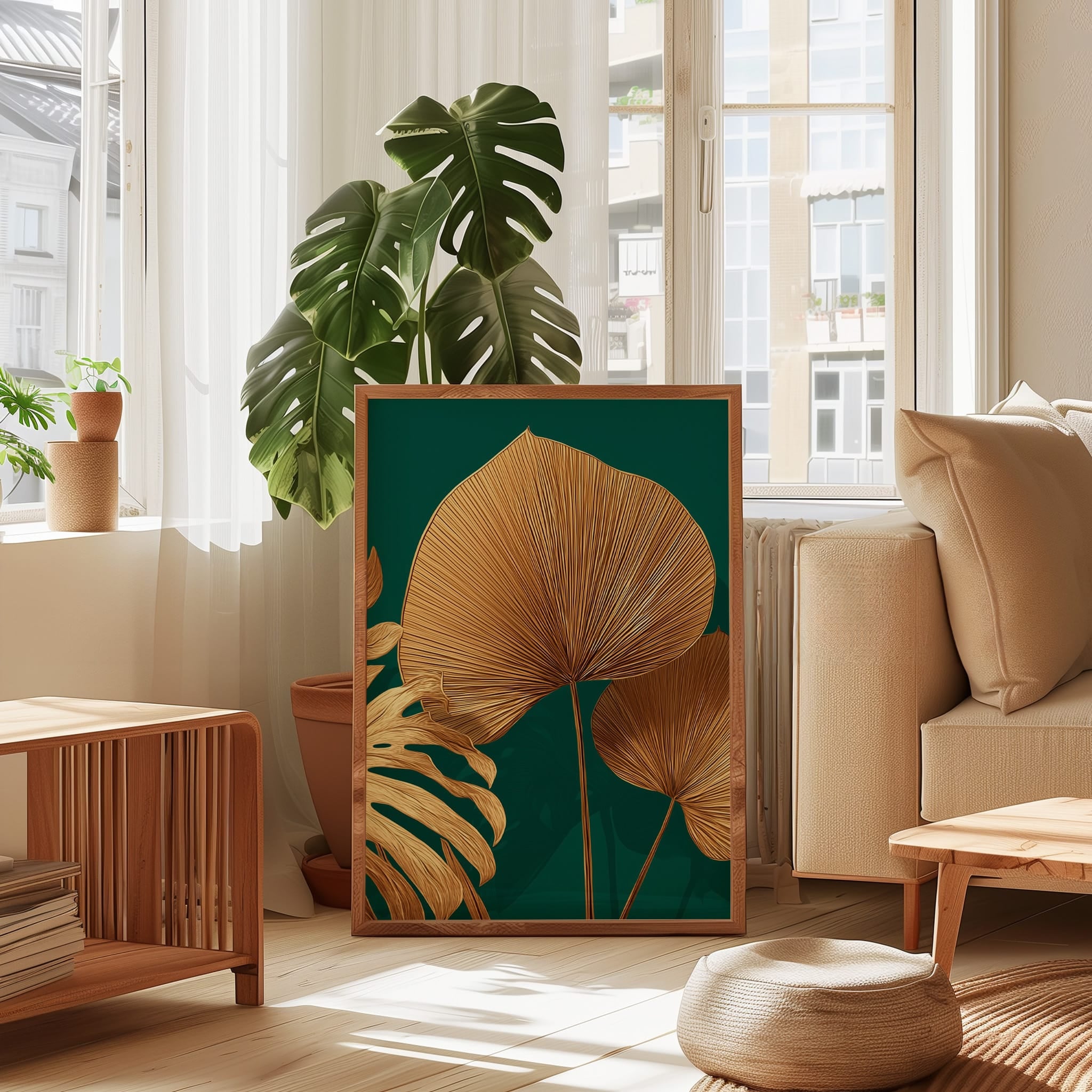 Gold Monstera Print - Emerald Green Wall Art | Luxurious Tropical Decor Poster
