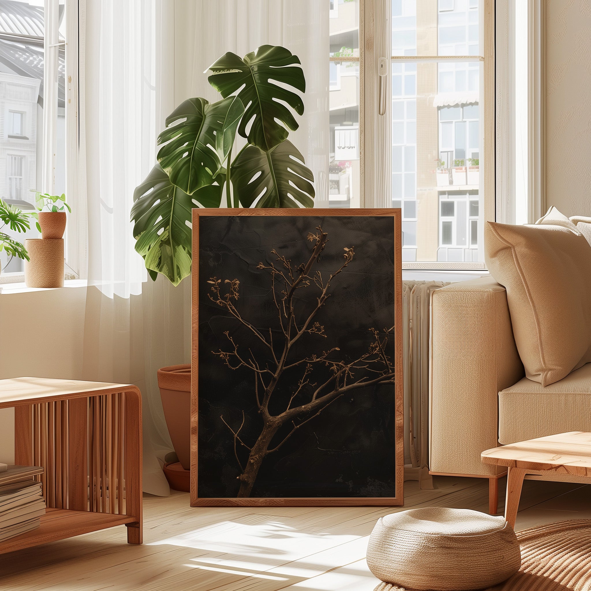 Minimalist Gnarled Branch Painting – Dark Moody Wall Art | Charcoal Sepia Texture