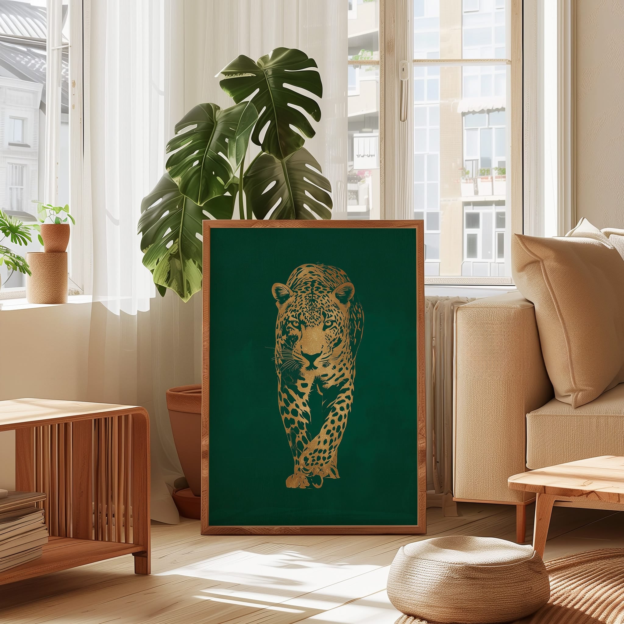 Gold Foil Leopard Wall Art – Emerald Green Art Deco Animal Print Poster