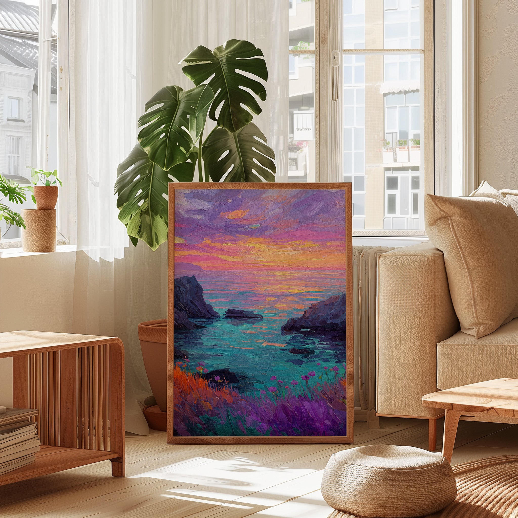 Abstract Coast Wall Art – Vibrant Sunset Print With Impasto Brushstrokes | Adventure Landscape