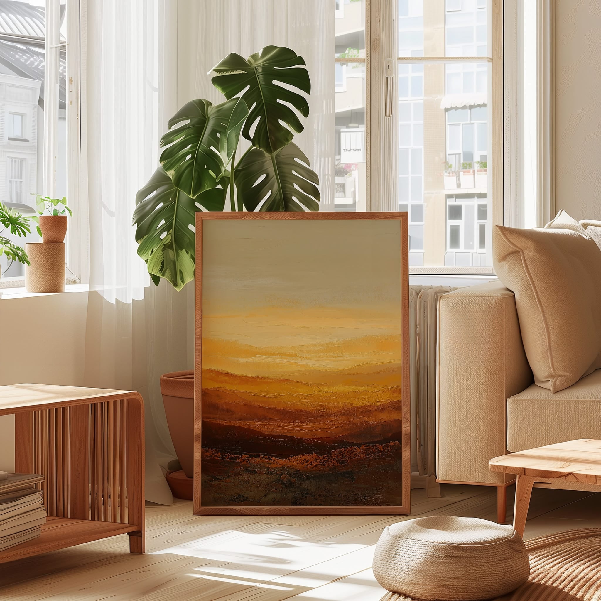 Amber Gold Wall Art - Abstract Canvas Print | Heavy Impasto Painting | Horizontal Palette Knife Decor