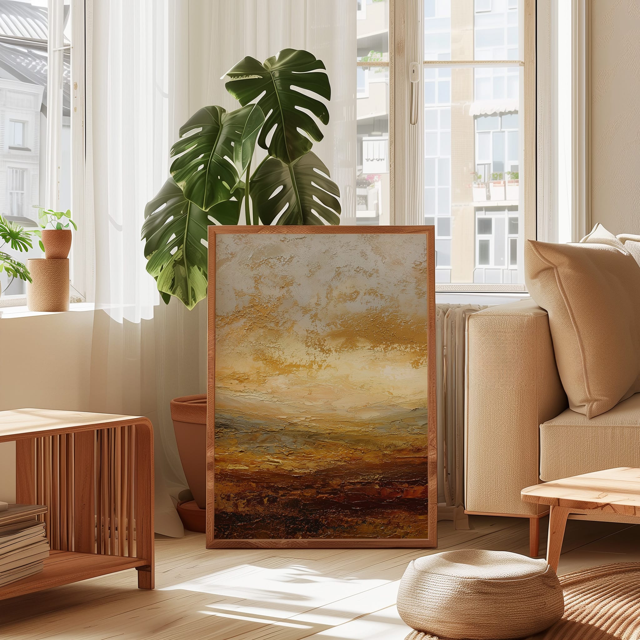 Abstract Horizon Wall Art – Burnt Orange Art | Deep Amber Print | Palette Knife Texture