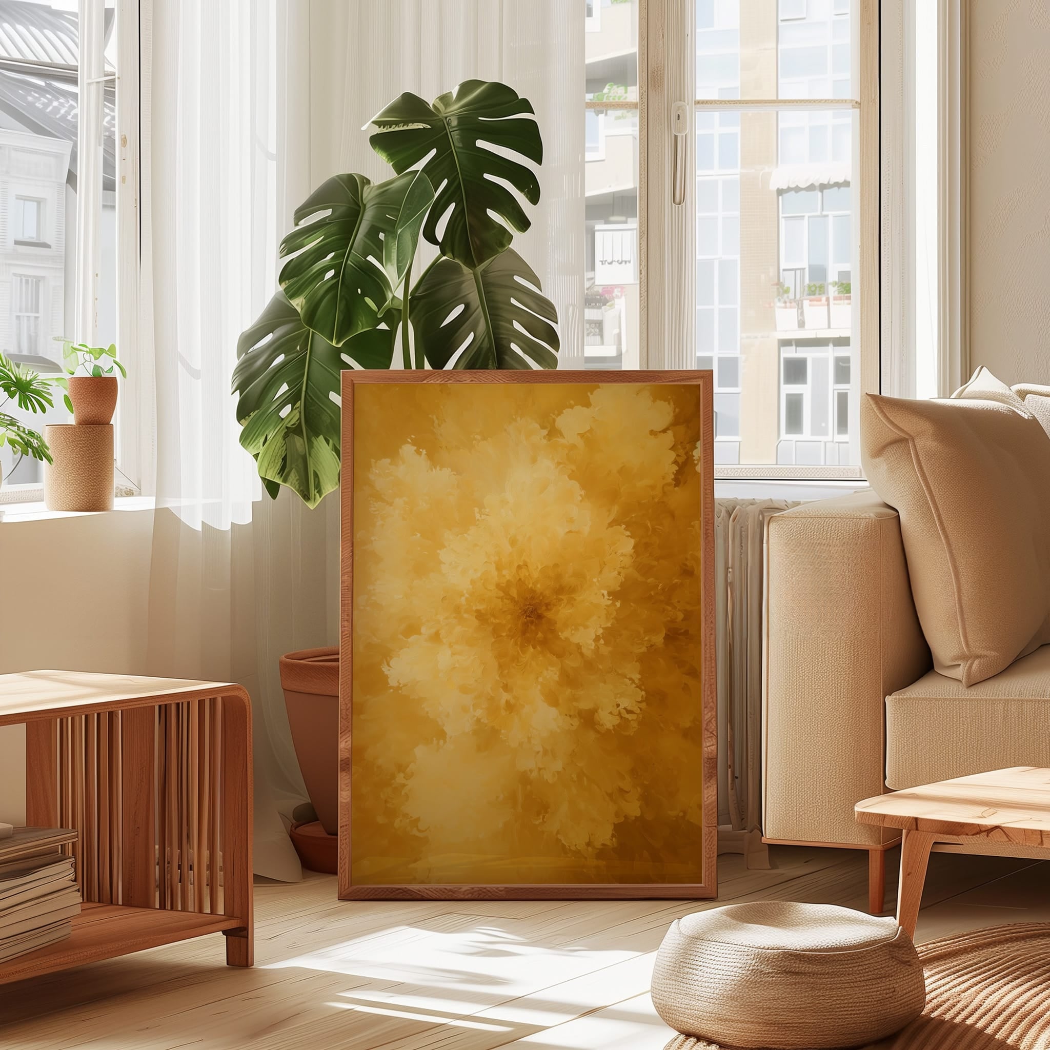 Gold Abstract Wall Art - Textured Bloom Painting | Honey Yellow Artwork | Modern Wall Decor