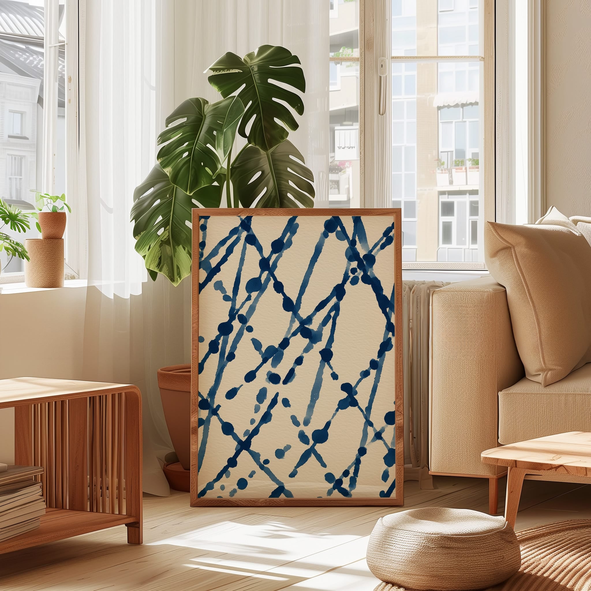 Navy Blue Abstract Art - Mid Century Textile Pattern | Hand Drawn Ink & Organic Dots