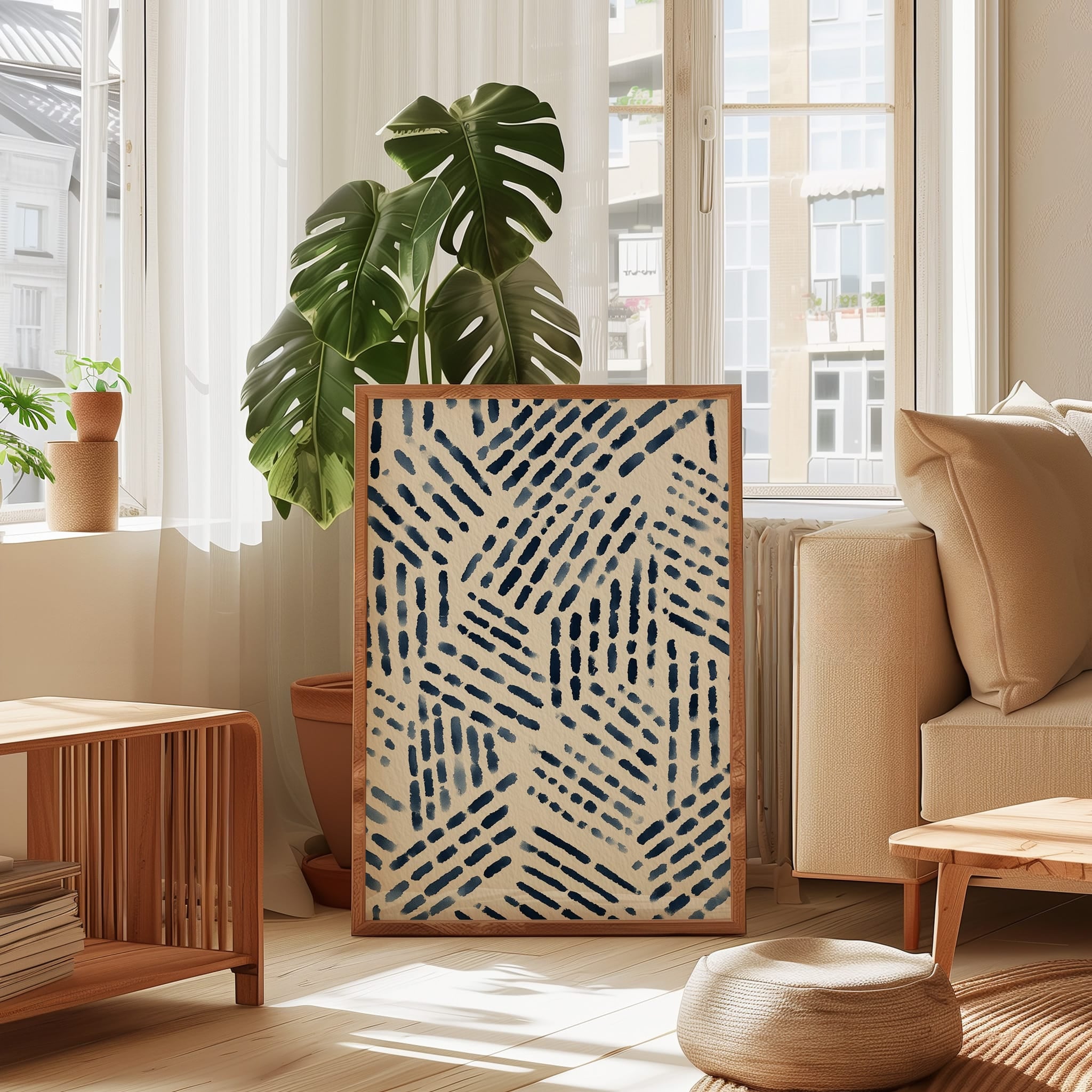 Navy Blue Abstract Art - Mid Century Textile Print | Hand Drawn Ink & Watercolor Pattern