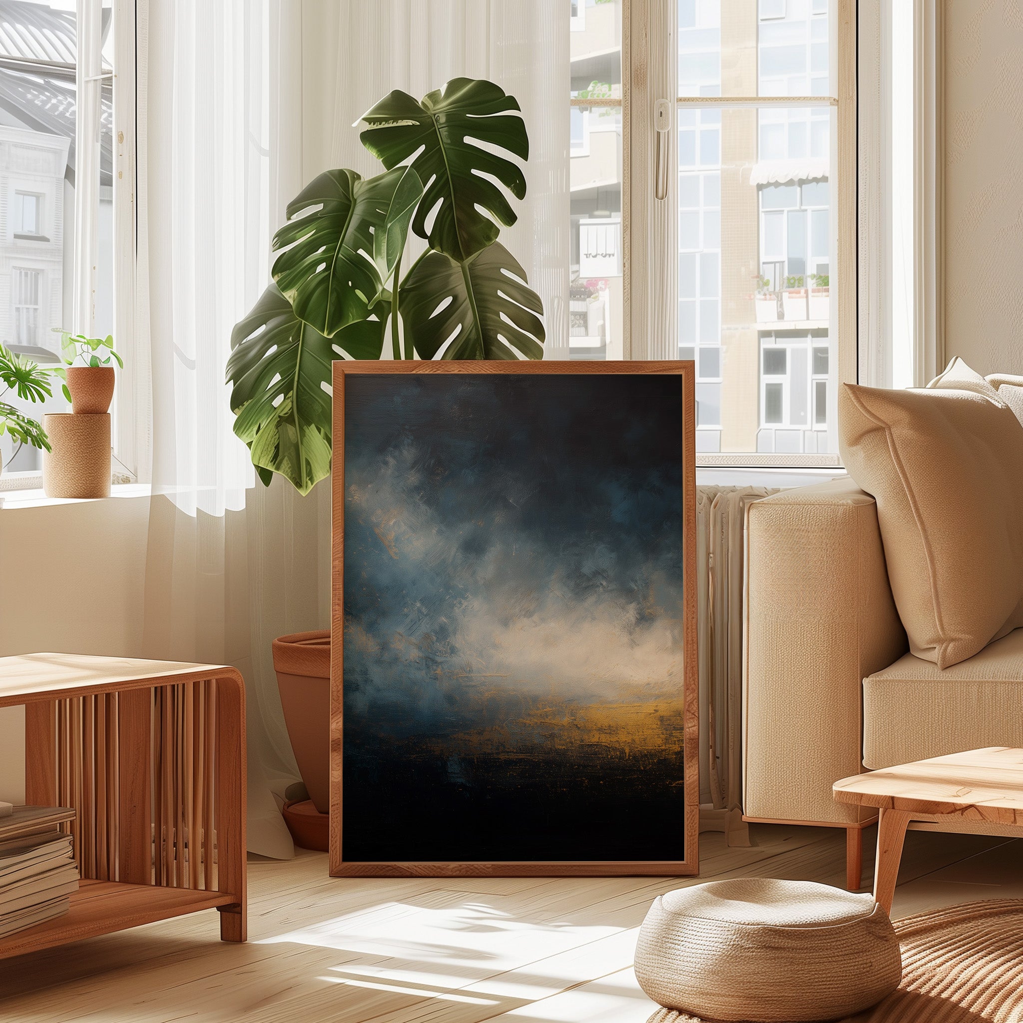 Minimalist Abstract Art - Dramatic Light Contrast | Deep Blue Oil Print & Warm Gold Accent