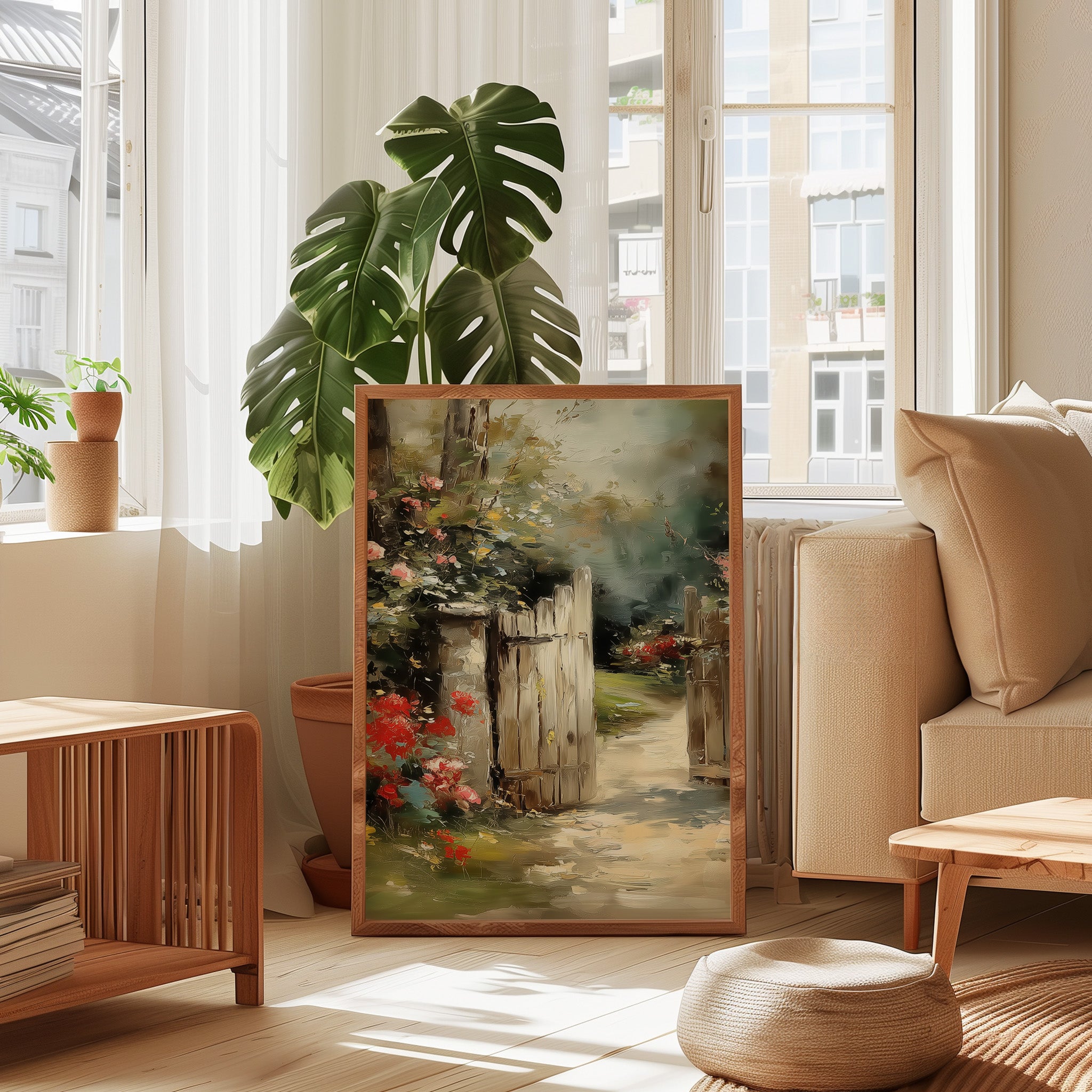 English Garden Wall Art | Rustic Garden Gate & Climbing Rose Painting | Country Farmhouse Decor