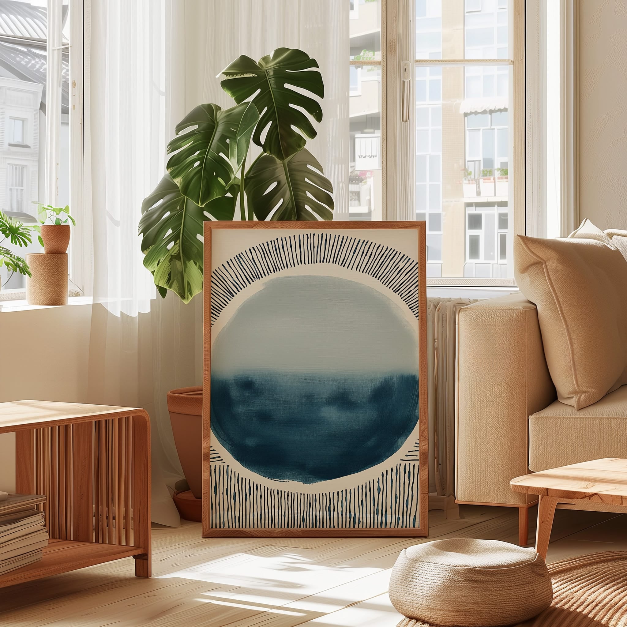 Navy Blue Abstract Art – Mid Century Textile Print | Hand Drawn Ink & Watercolor